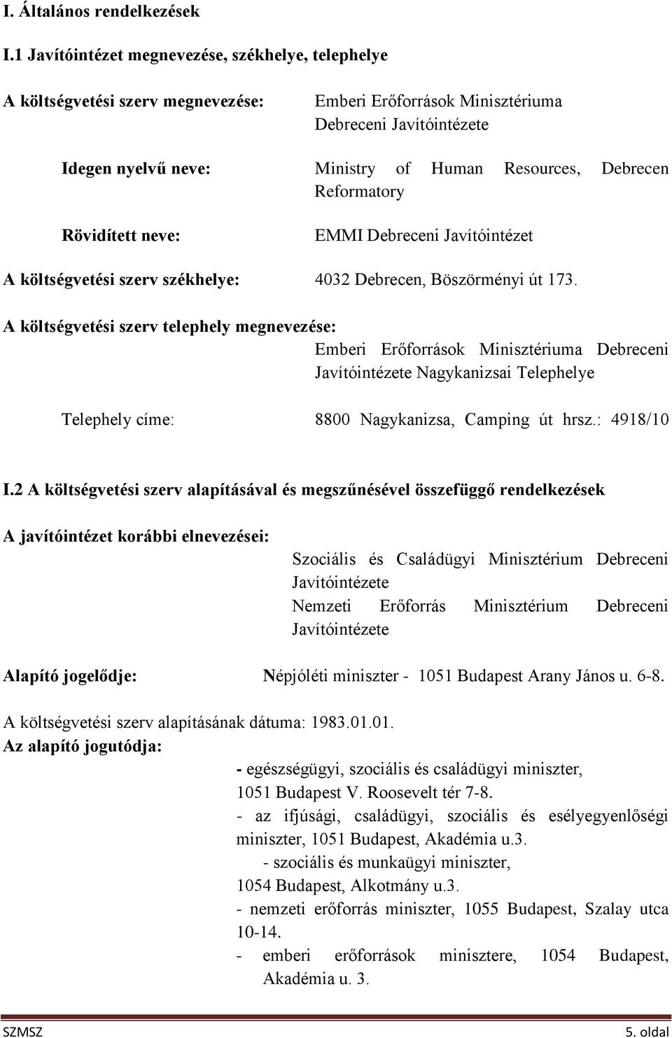 Debrecen Reformatory Rövidített neve: EMMI Debreceni Javítóintézet A költségvetési szerv székhelye: 4032 Debrecen, Böszörményi út 173.