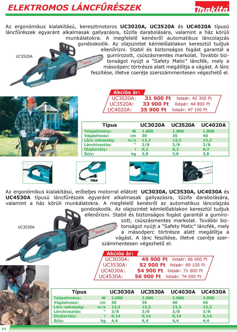 Stabil és biztonságos fogást garantál a UC3520A gumírozott, csúszásmentes markolat. További biztonságot nyújt a Safety Matic láncfék, mely a másodperc törtrésze alatt megállítja a vágást.