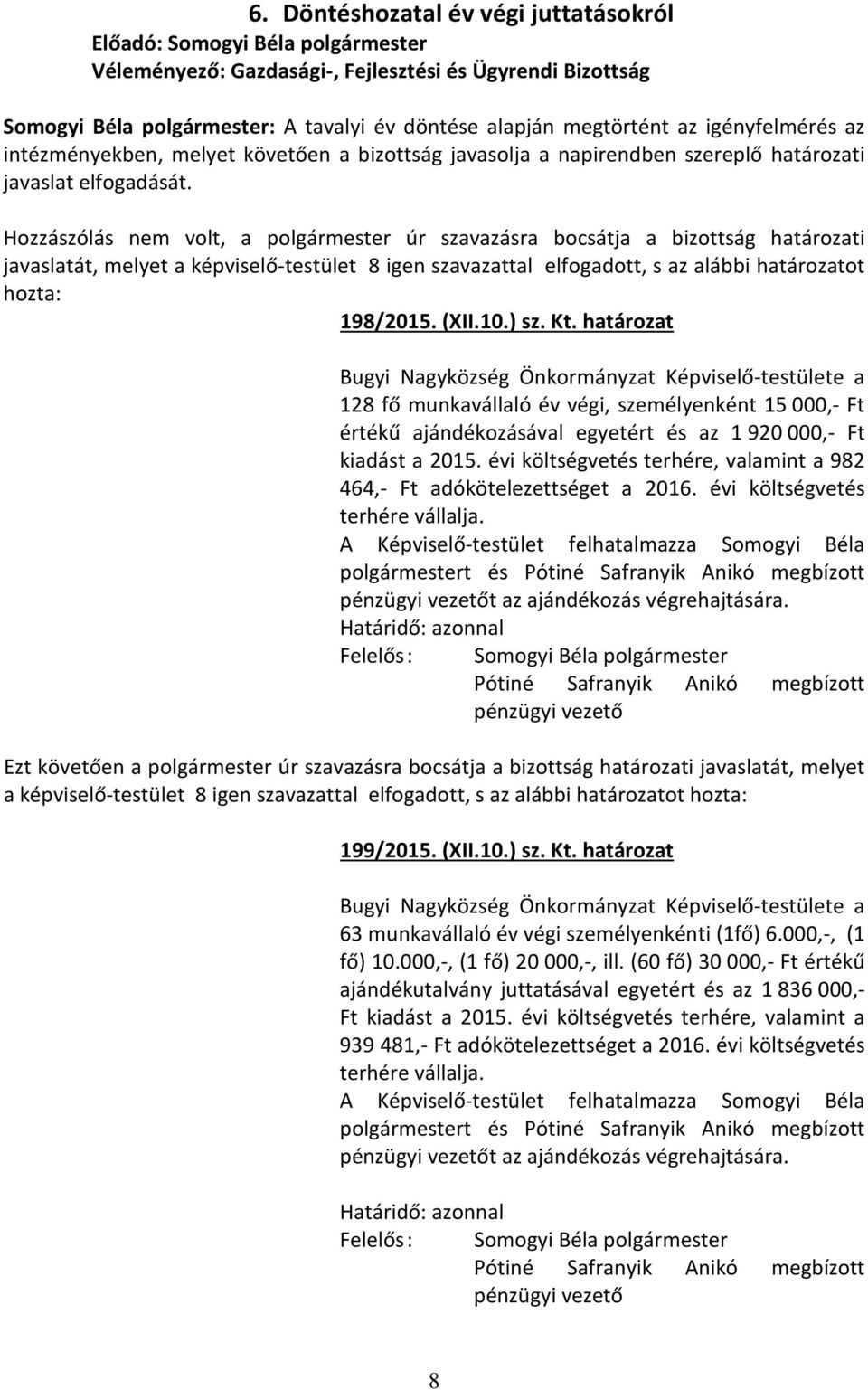 határozat Bugyi Nagyközség Önkormányzat Képviselő-testülete a 128 fő munkavállaló év végi, személyenként 15000,- Ft értékű ajándékozásával egyetért és az 1920000,- Ft kiadást a 2015.