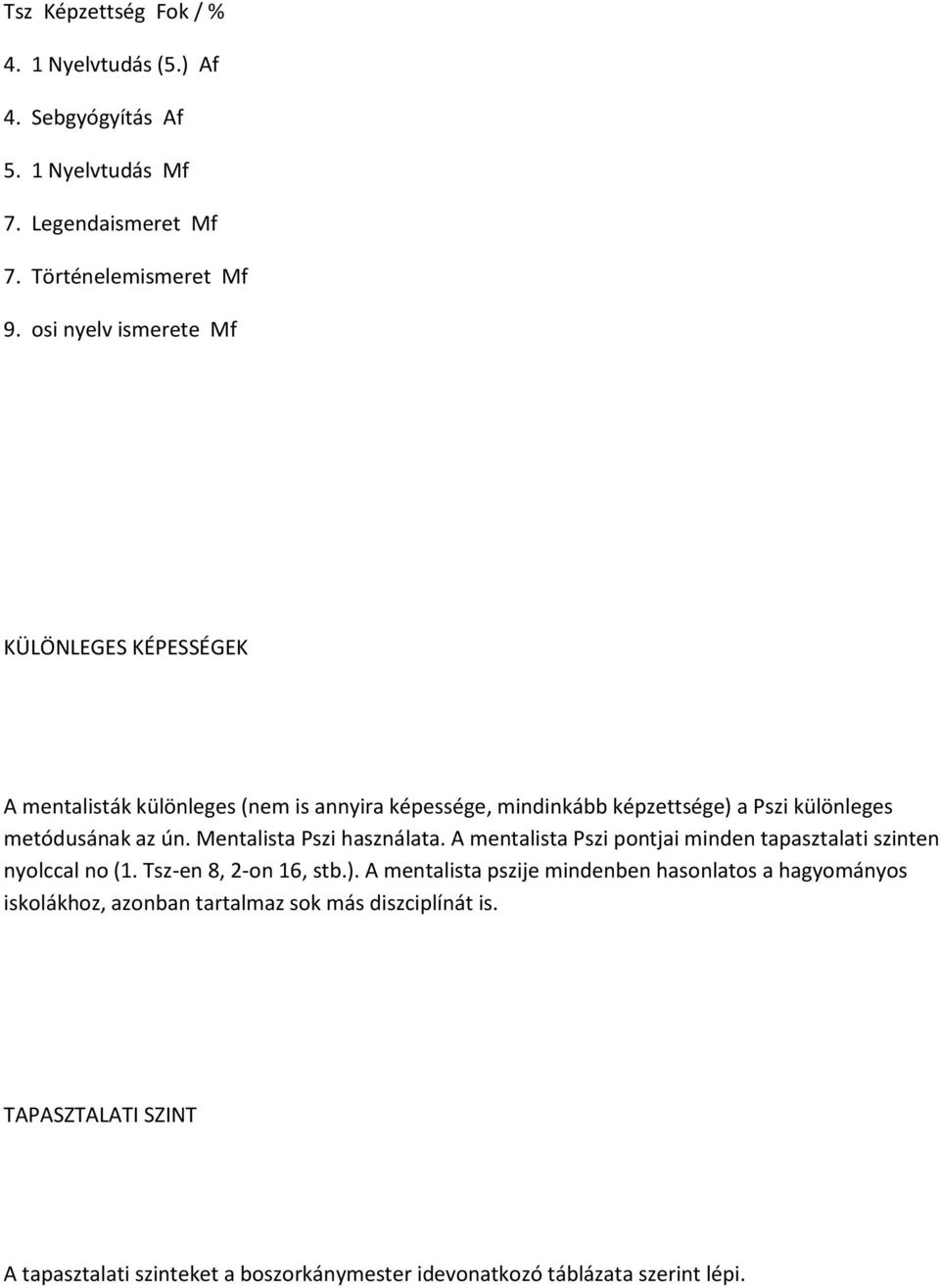 Mentalista Pszi használata. A mentalista Pszi pontjai minden tapasztalati szinten nyolccal no (1. Tsz-en 8, 2-on 16, stb.).