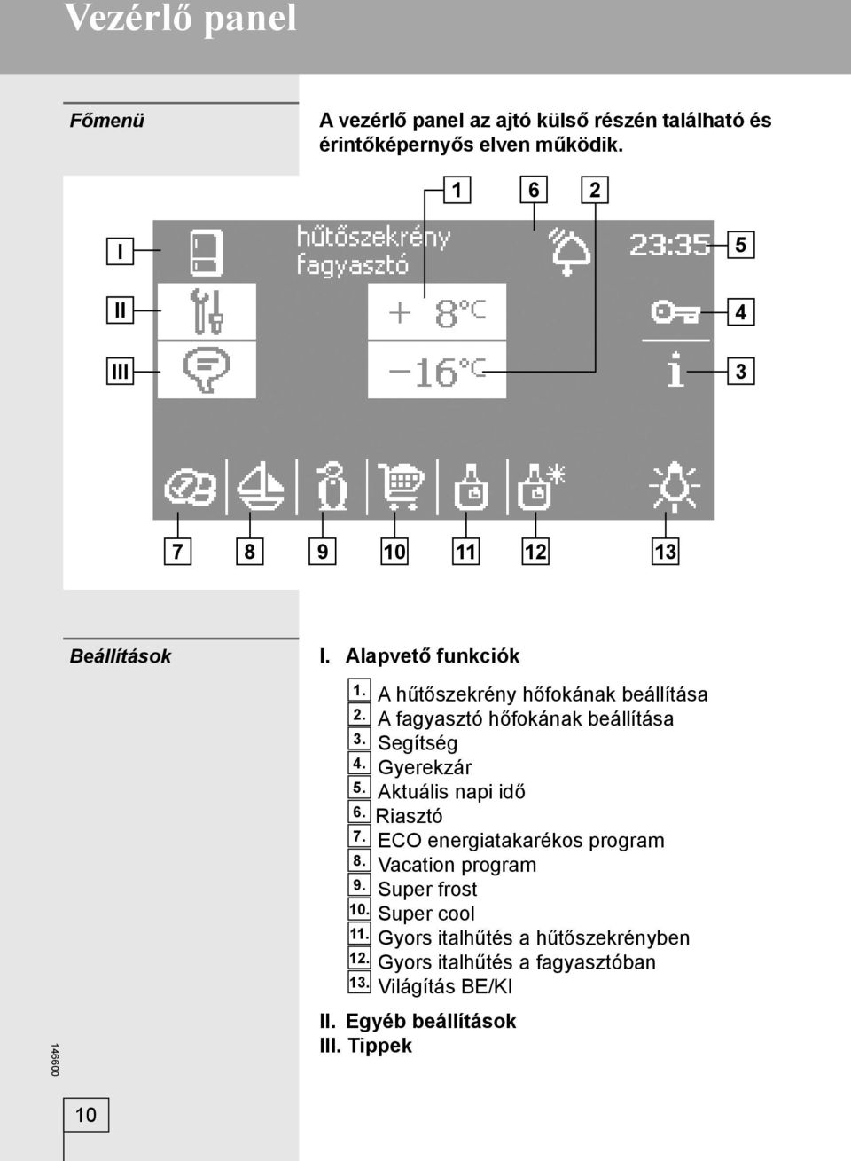 A fagyasztó hőfokának beállítása 3. Segítség 4. Gyerekzár 5. Aktuális napi idő 6. Riasztó 7. ECO energiatakarékos program 8.