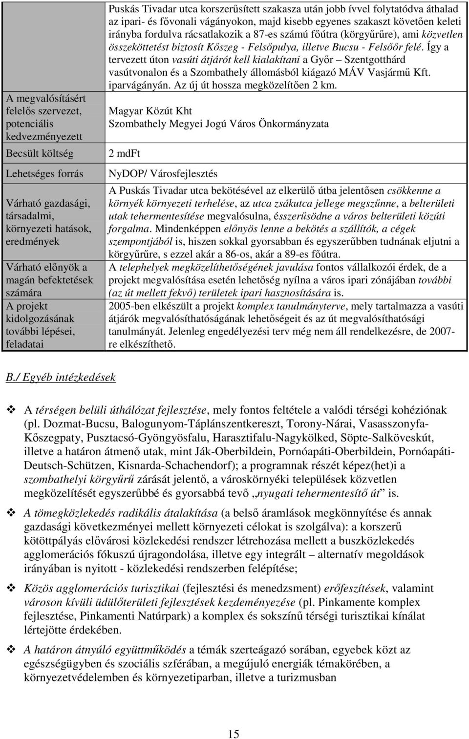 Felsıır felé. Így a tervezett úton vasúti átjárót kell kialakítani a Gyır Szentgotthárd vasútvonalon és a Szombathely állomásból kiágazó MÁV Vasjármő Kft. iparvágányán.