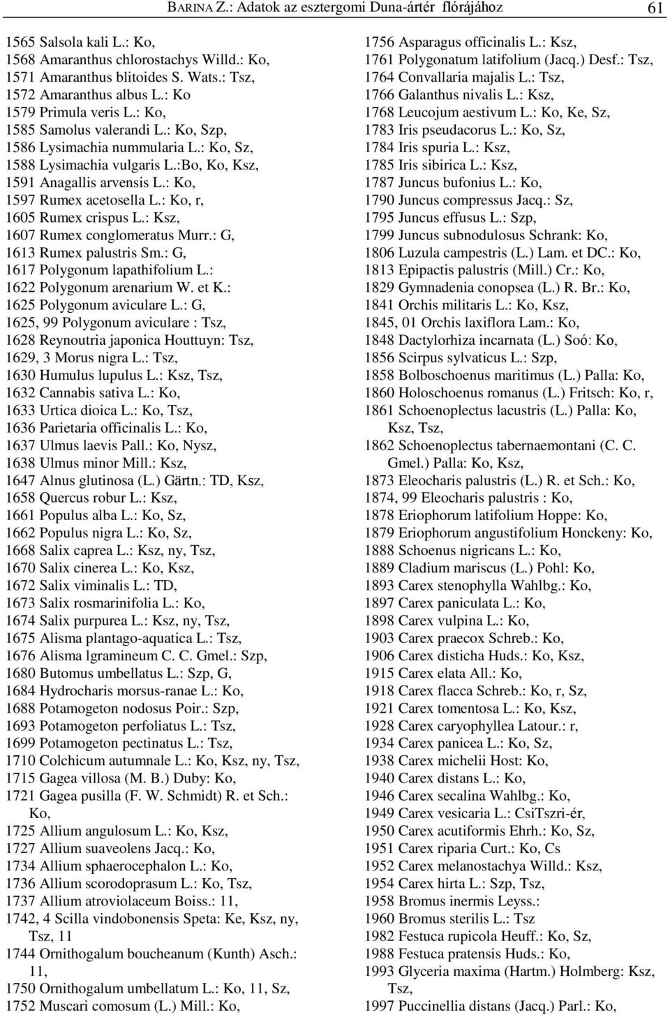 : Ko, 1597 Rumex acetosella L.: Ko, r, 1605 Rumex crispus L.: Ksz, 1607 Rumex conglomeratus Murr.: G, 1613 Rumex palustris Sm.: G, 1617 Polygonum lapathifolium L.: 1622 Polygonum arenarium W. et K.