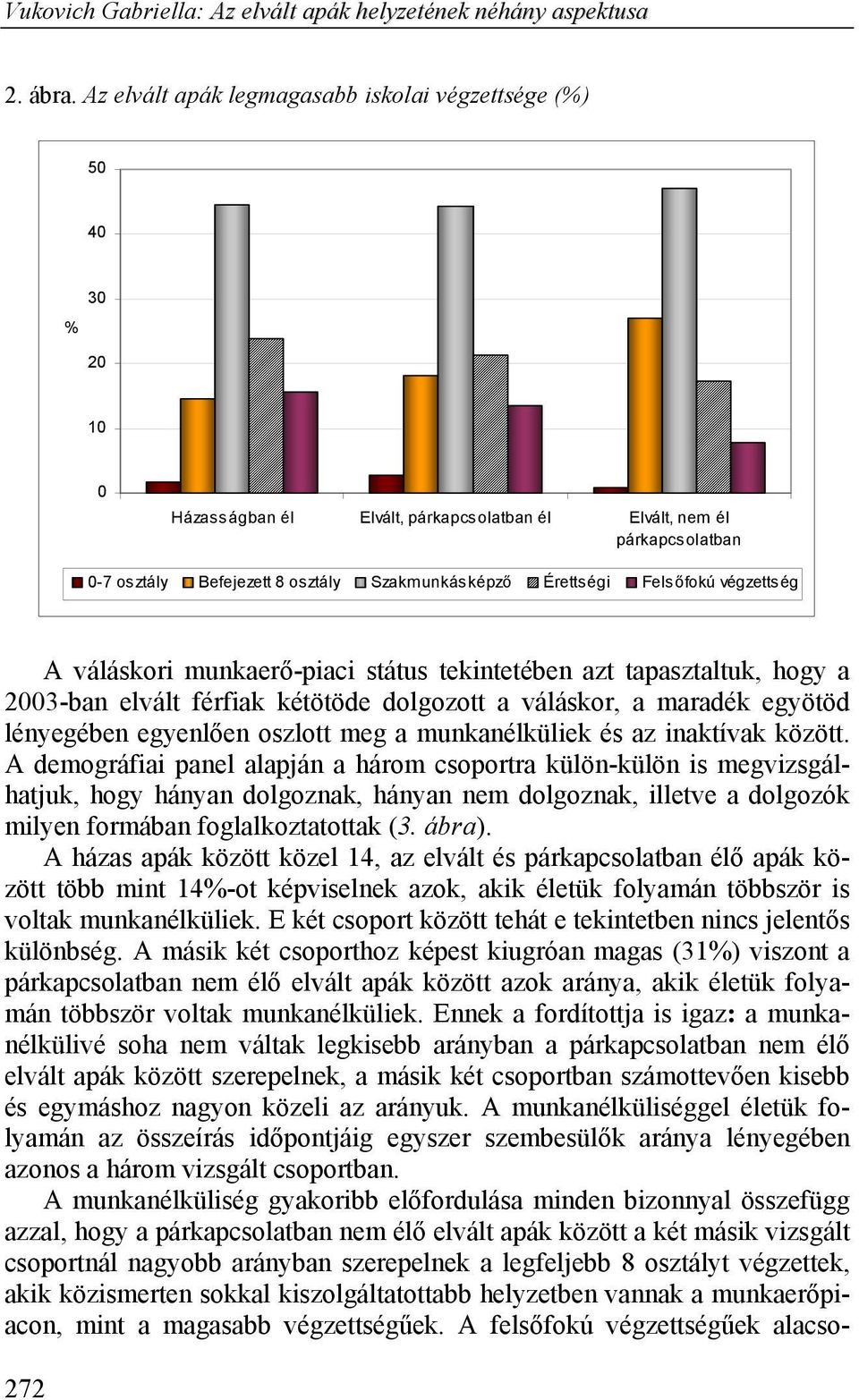 Érettségi Felsőfokú végzettség A váláskori munkaerő-piaci státus tekintetében azt tapasztaltuk, hogy a 2003-ban elvált férfiak kétötöde dolgozott a váláskor, a maradék egyötöd lényegében egyenlően