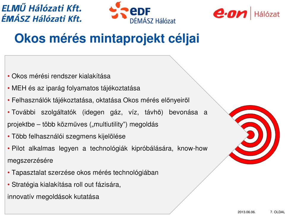 multiutility ) megoldás Több felhasználói szegmens kijelölése Pilot alkalmas legyen a technológiák kipróbálására, know-how