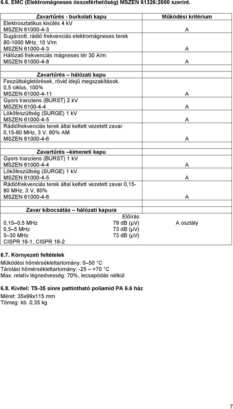 tranziens (BURST) 2 kv MSZEN 6100-4-4 Lökőfeszültség (SURGE) 1 kv MSZEN 61000-4-5 Rádiófrekvenciás terek által keltett vezetett zavar 0,15-80 MHz, 3 V, 80% M MSZEN 61000-4-6 Zavartűrés kimeneti kapu