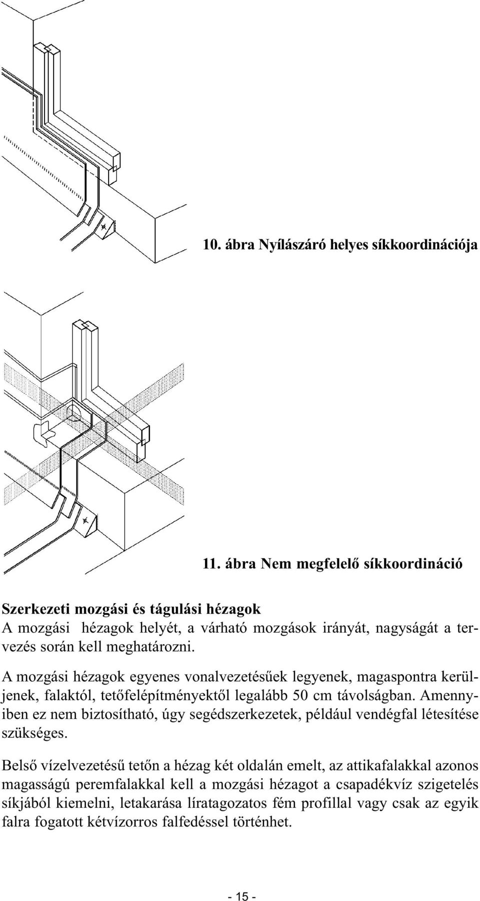 A mozgási hézagok egyenes vonalvezetésűek legyenek, magaspontra kerüljenek, falaktól, tetőfelépítményektől legalább 50 cm távolságban.