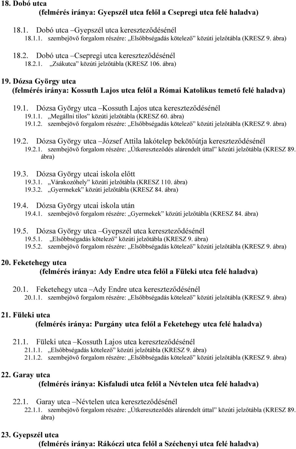 Dózsa György utca (felmérés iránya: Kossuth Lajos utca felől a Római Katolikus temető felé haladva) 19.1. Dózsa György utca Kossuth Lajos utca kereszteződésénél 19.1.1. Megállni tilos közúti jelzőtábla (KRESZ 60.