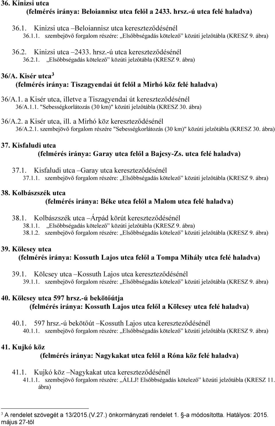 Kisér utca 3 (felmérés iránya: Tiszagyendai út felől a Mirhó köz felé haladva) 36/A.1. a Kisér utca, illetve a Tiszagyendai út kereszteződésénél 36/A.1.1. "Sebességkorlátozás (30 km)" közúti jelzőtábla (KRESZ 30.