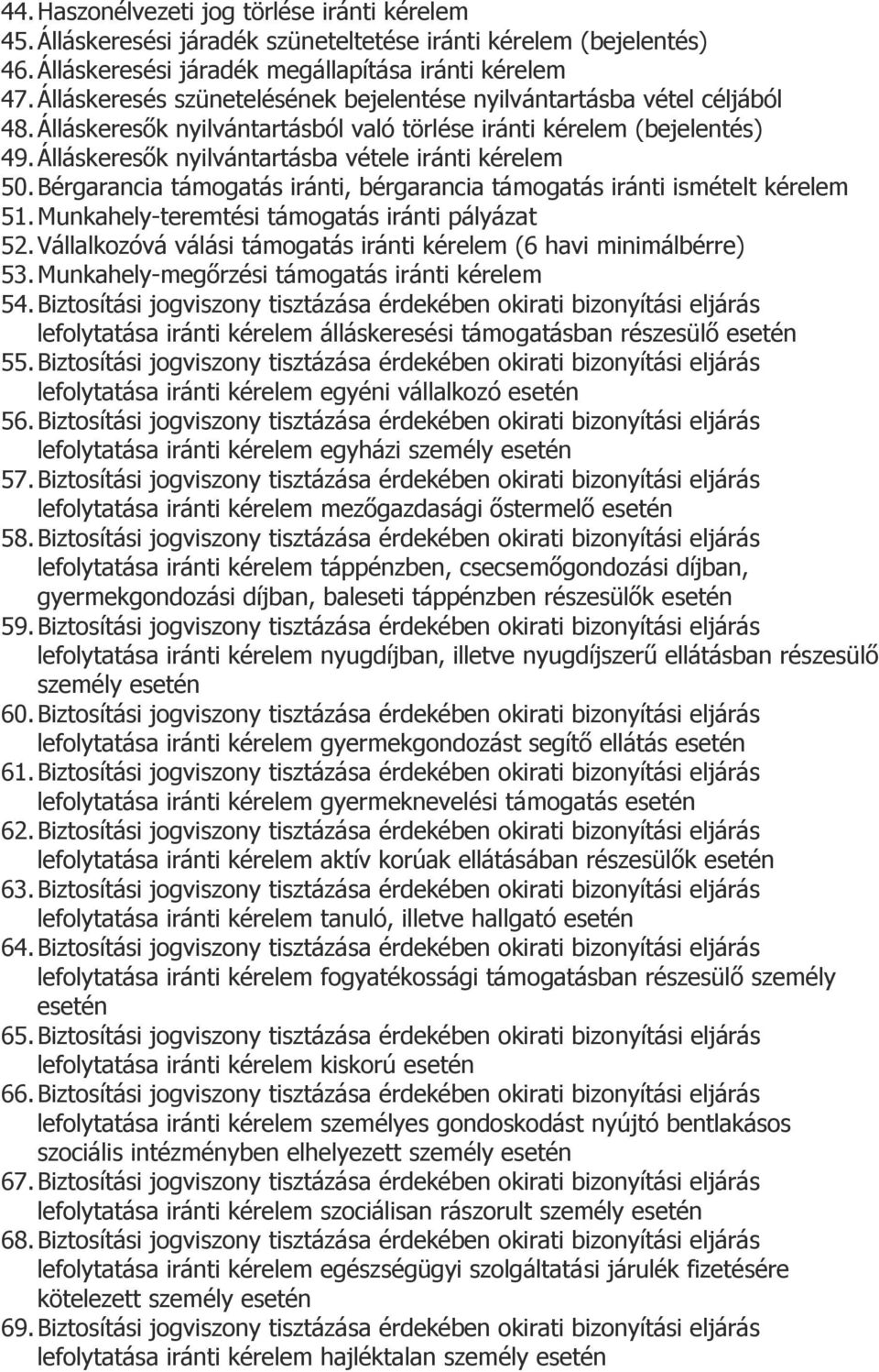 Bérgarancia támogatás iránti, bérgarancia támogatás iránti ismételt 51. Munkahely-teremtési támogatás iránti pályázat 52. Vállalkozóvá válási támogatás iránti (6 havi minimálbérre) 53.