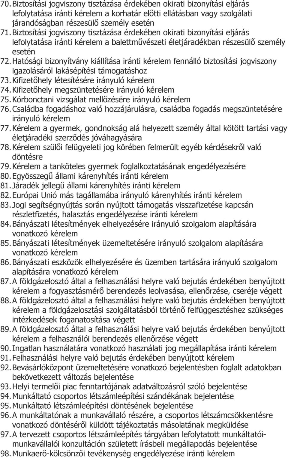 Hatósági bizonyítvány kiállítása iránti fennálló biztosítási jogviszony igazolásáról lakásépítési támogatáshoz 73. Kifizetőhely létesítésére irányuló 74. Kifizetőhely megszüntetésére irányuló 75.