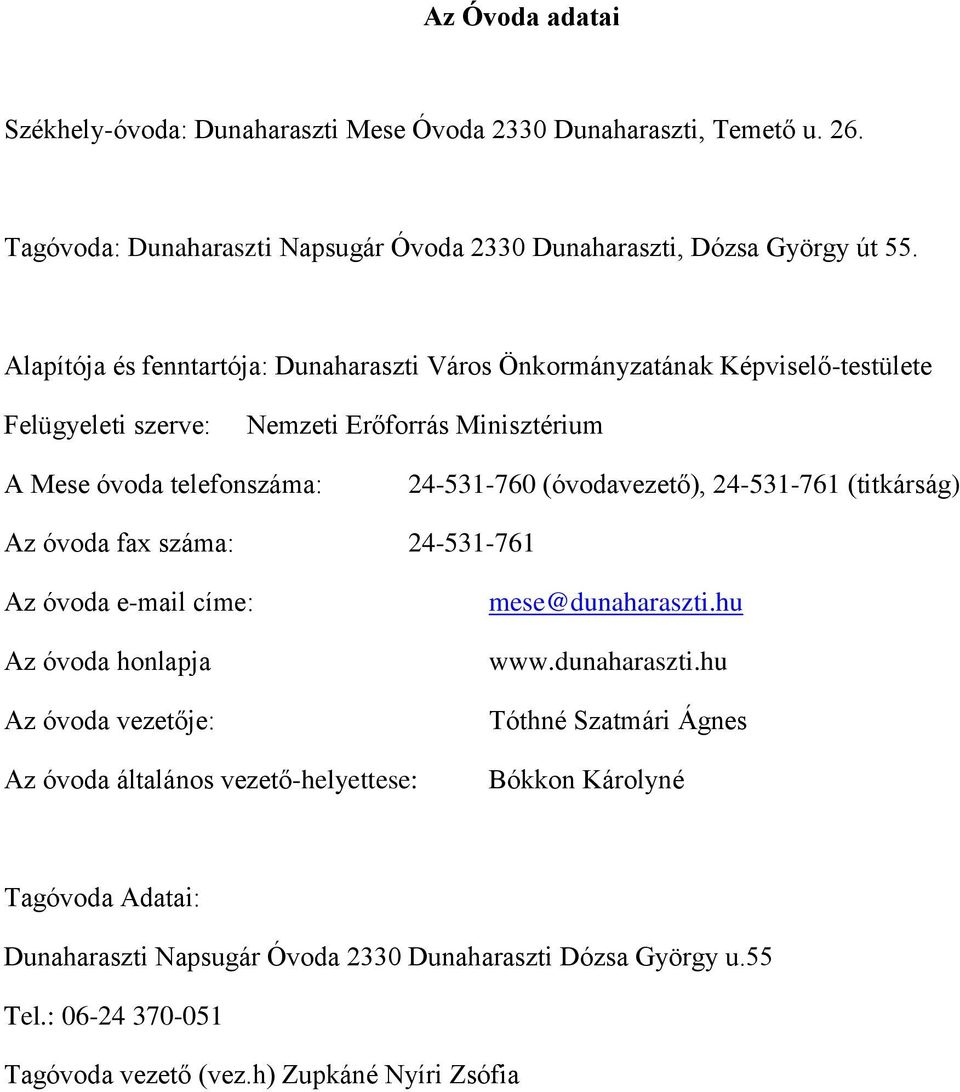 (óvodavezető), 24-531-761 (titkárság) Az óvoda fax száma: 24-531-761 Az óvoda e-mail címe: Az óvoda honlapja Az óvoda vezetője: Az óvoda általános vezető-helyettese: