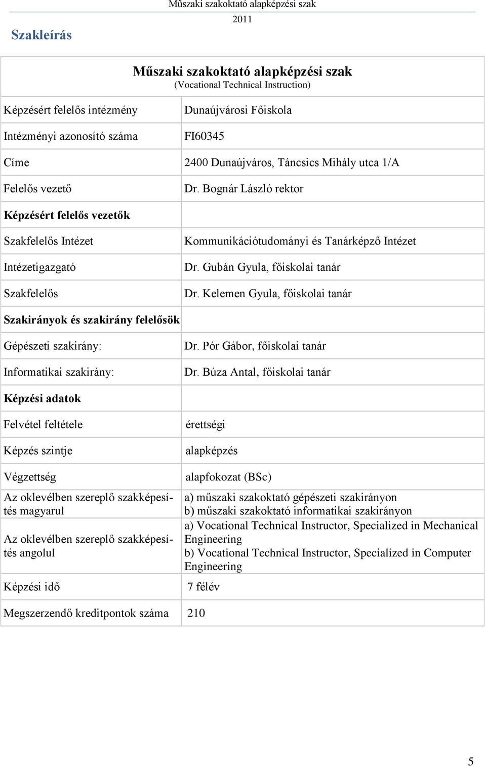 Kelemen Gyula, főiskolai tanár Szakirányok és szakirány felelősök Gépészeti szakirány: Informatikai szakirány: Dr. Pór Gábor, főiskolai tanár Dr.