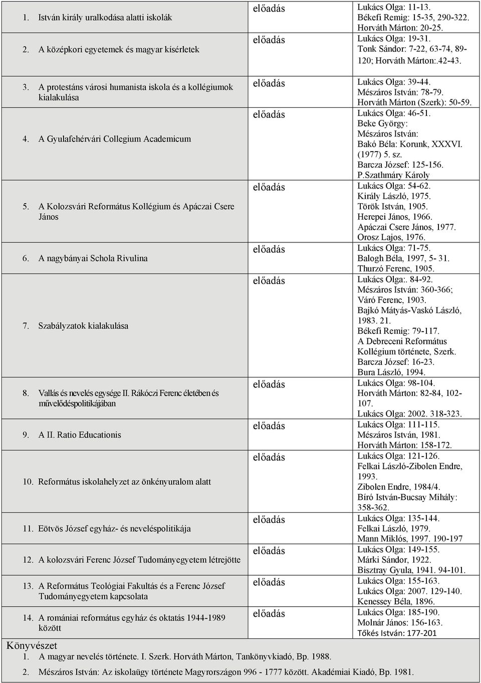 A Kolozsvári Református Kollégium és Apáczai Csere János 6. A nagybányai Schola Rivulina 7. Szabályzatok kialakulása 8. Vallás és nevelés egysége II.