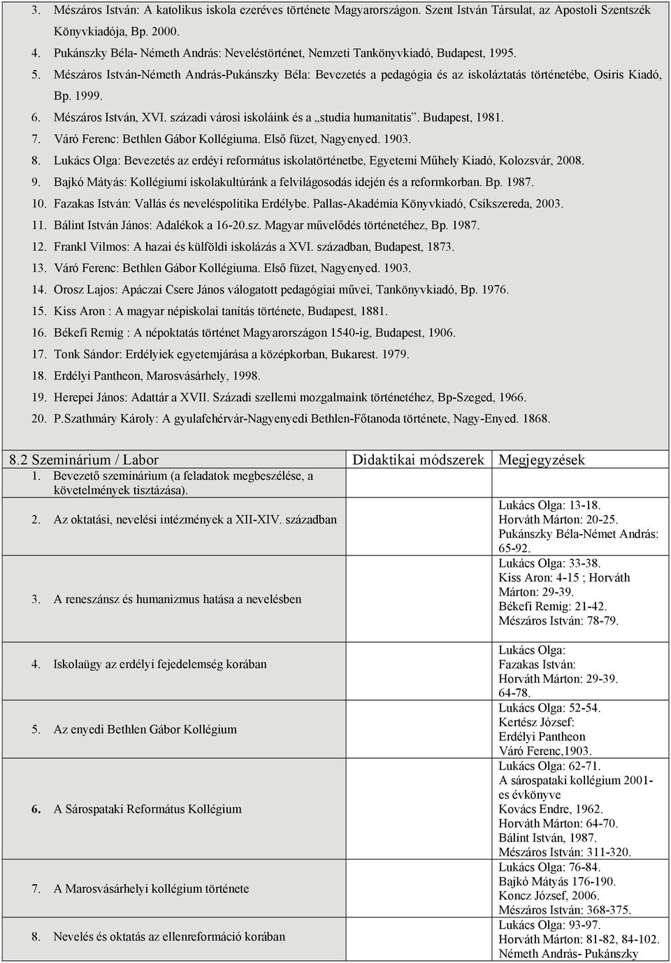 Mészáros István-Németh András-Pukánszky Béla: Bevezetés a pedagógia és az iskoláztatás történetébe, Osiris Kiadó, Bp. 1999. 6. Mészáros István, XVI. századi városi iskoláink és a studia humanitatis.