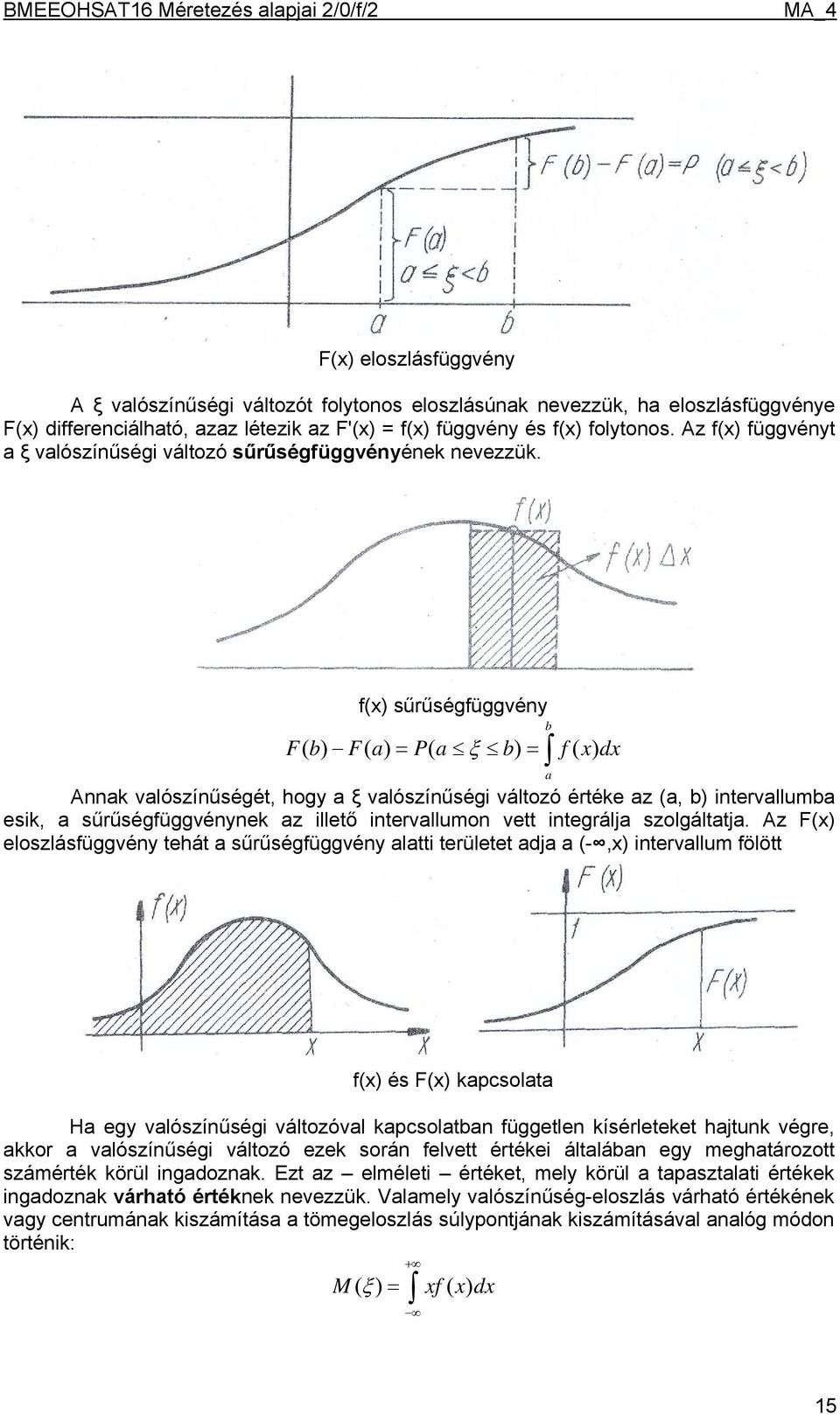 f(x) sűrűségfüggvény Fb ( ) Fa ( ) = Pa ( ξ b) = f( xdx ) Annak valószínűségét, hogy a ξ valószínűségi változó értéke az (a, b) intervallumba esik, a sűrűségfüggvénynek az illető intervallumon vett