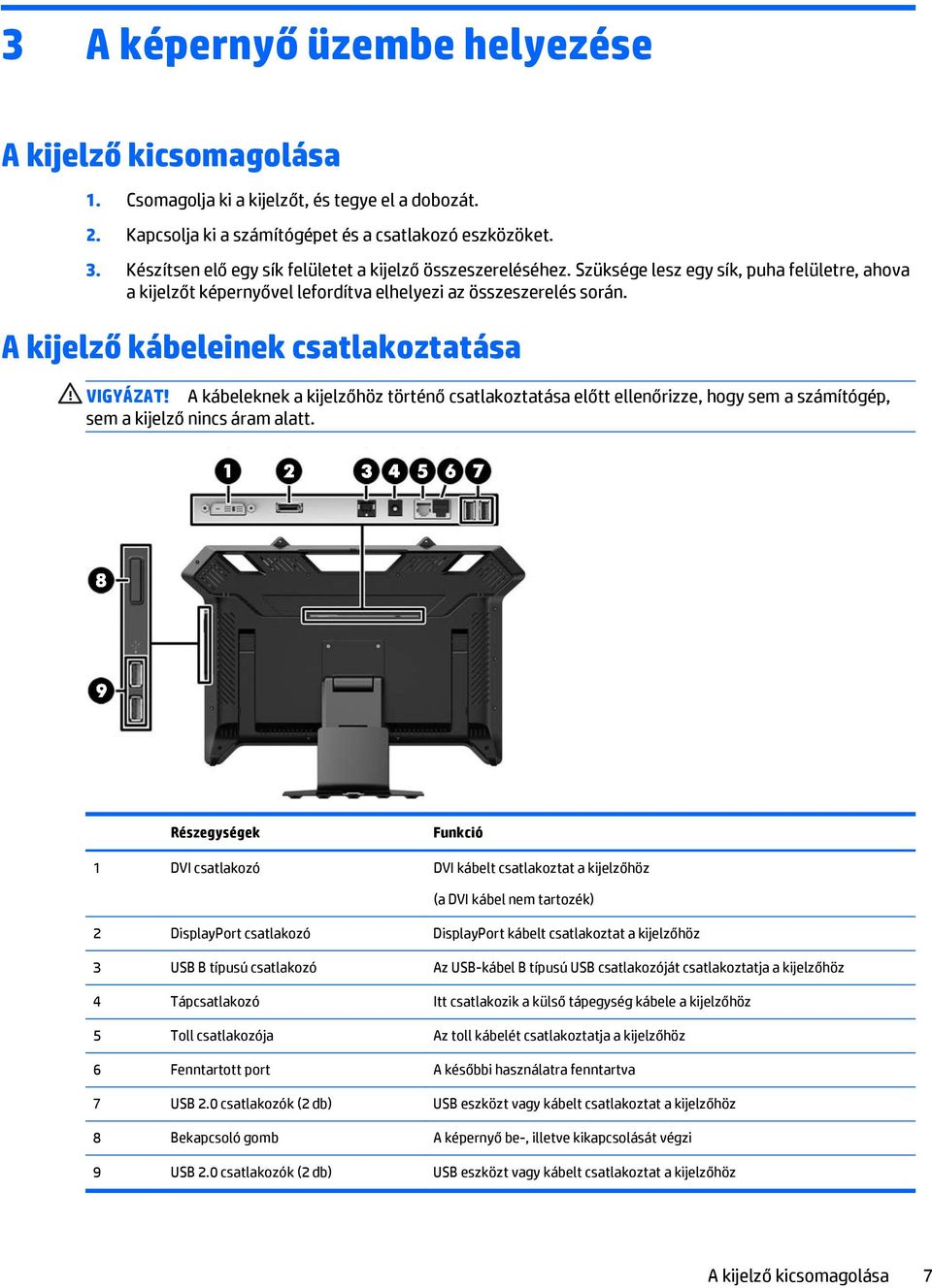 A kijelző kábeleinek csatlakoztatása VIGYÁZAT! A kábeleknek a kijelzőhöz történő csatlakoztatása előtt ellenőrizze, hogy sem a számítógép, sem a kijelző nincs áram alatt.