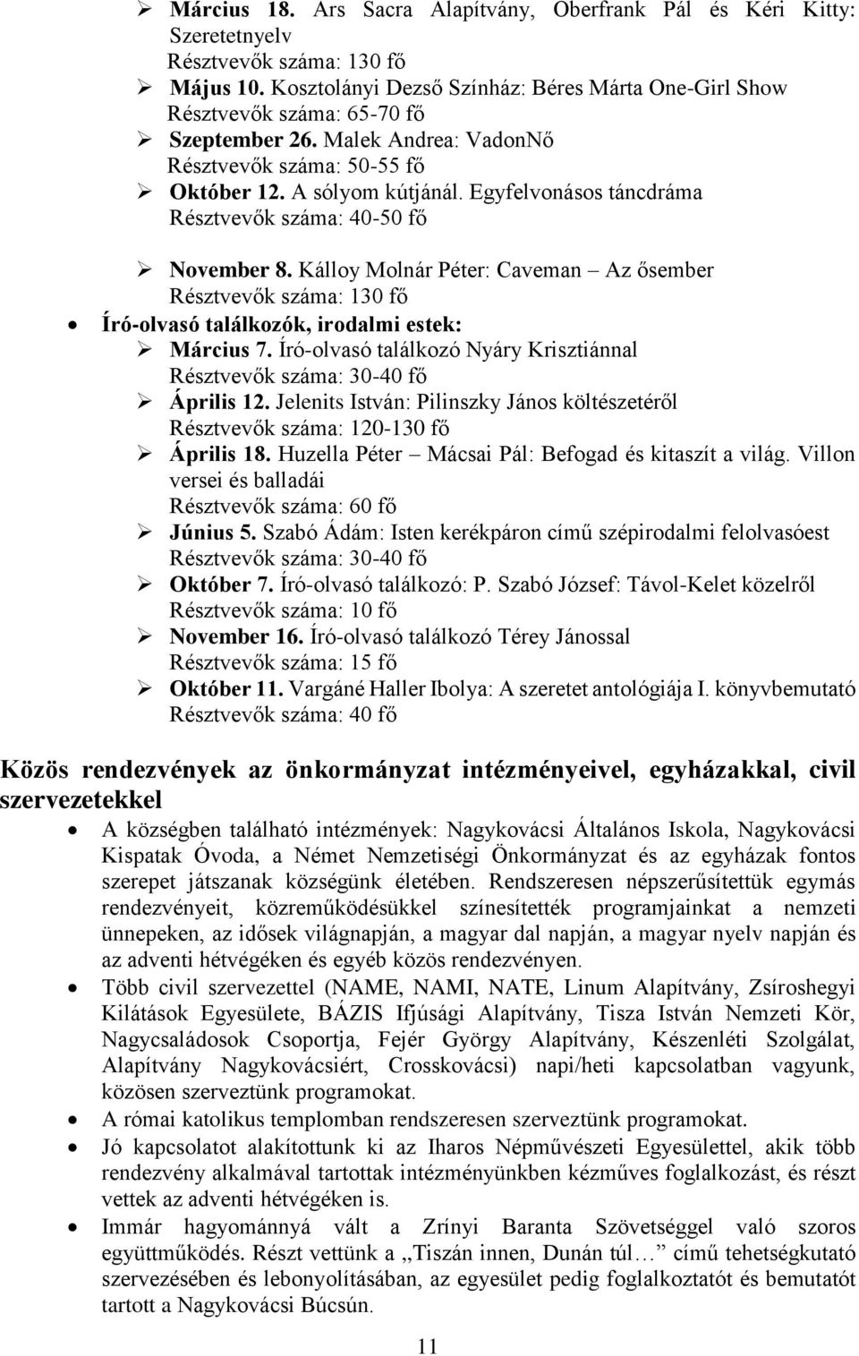 Egyfelvonásos táncdráma Résztvevők száma: 40-50 fő November 8. Kálloy Molnár Péter: Caveman Az ősember Résztvevők száma: 130 fő Író-olvasó találkozók, irodalmi estek: Március 7.