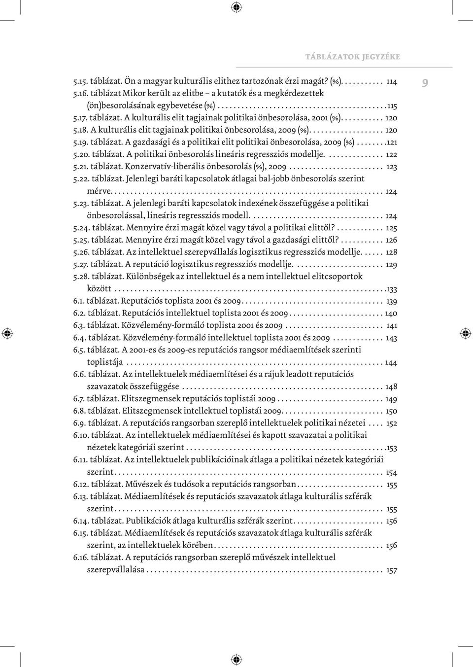 A kulturális elit tagjainak politikai önbesorolása, 2009 (%)...120 5.19. táblázat. A gazdasági és a politikai elit politikai önbesorolása, 2009 (%)...121 5.20. táblázat. A politikai önbesorolás lineáris regressziós modellje.