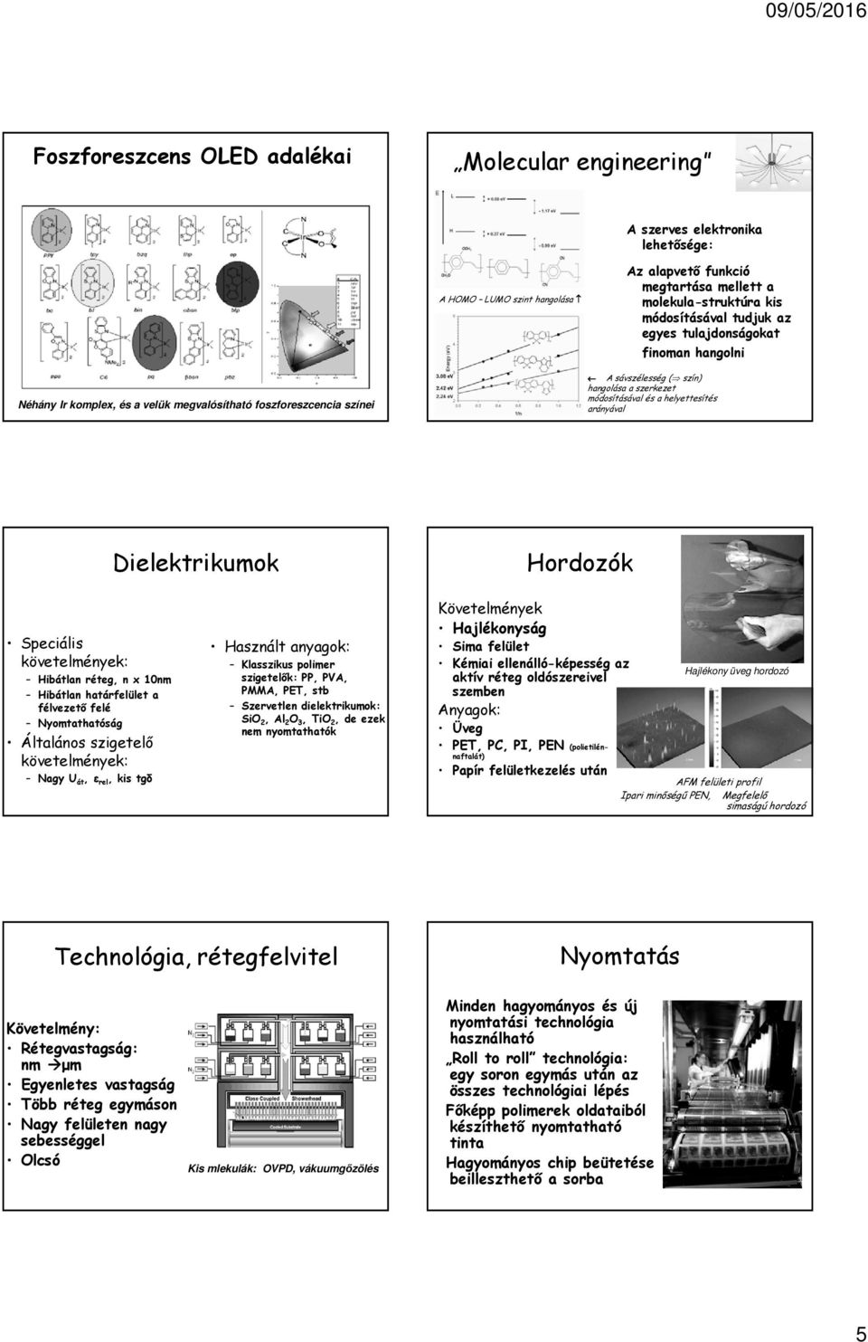 Dielektrikumok Hordozók Speciális követelmények: Hibátlan réteg, n x 10nm Hibátlan határfelület a félvezető felé Nyomtathatóság Általános szigetelő követelmények: Nagy U át, ε rel, kis tgδ Használt