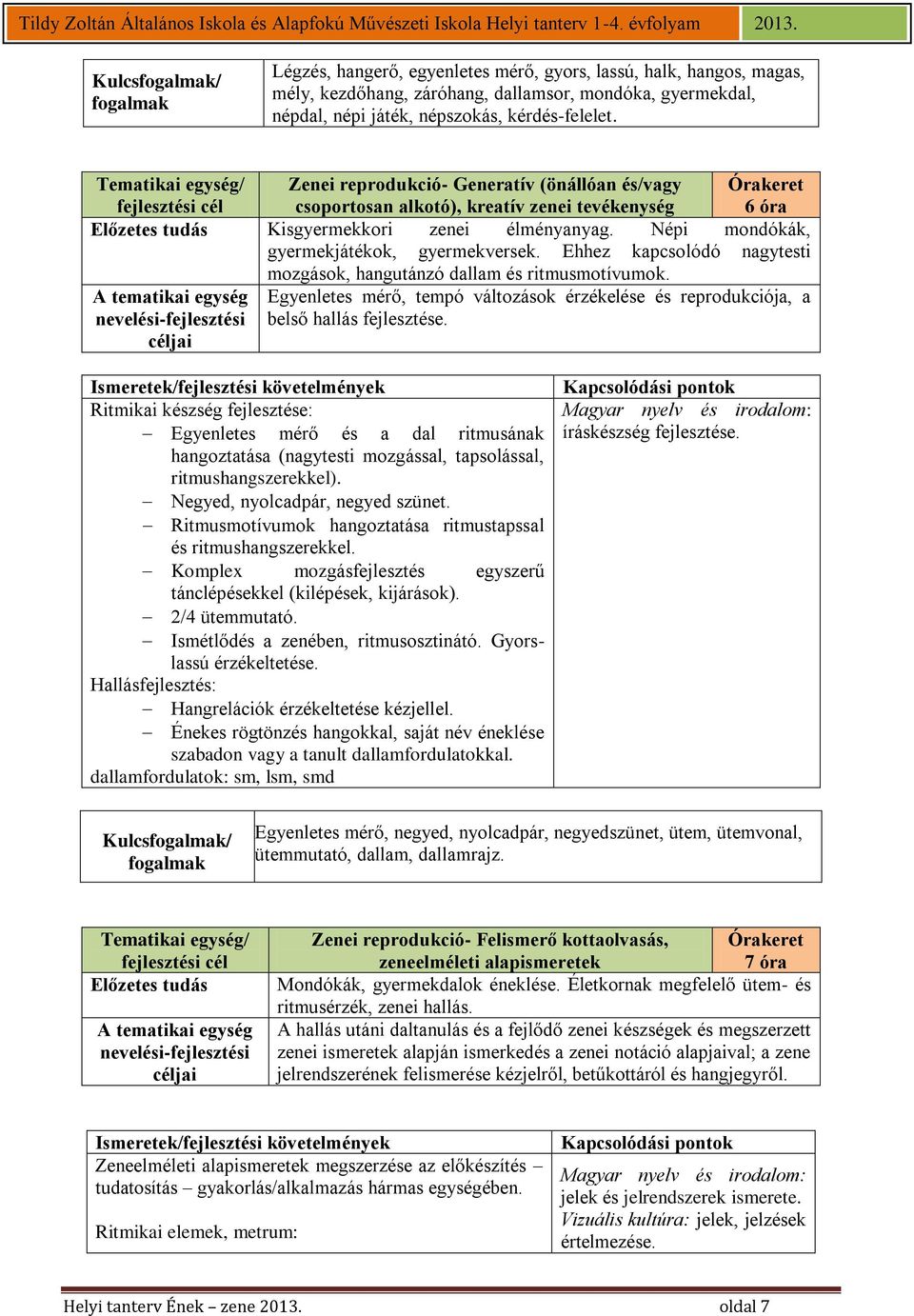 Népi mondókák, gyermekjátékok, gyermekversek. Ehhez kapcsolódó nagytesti mozgások, hangutánzó dallam és ritmusmotívumok.