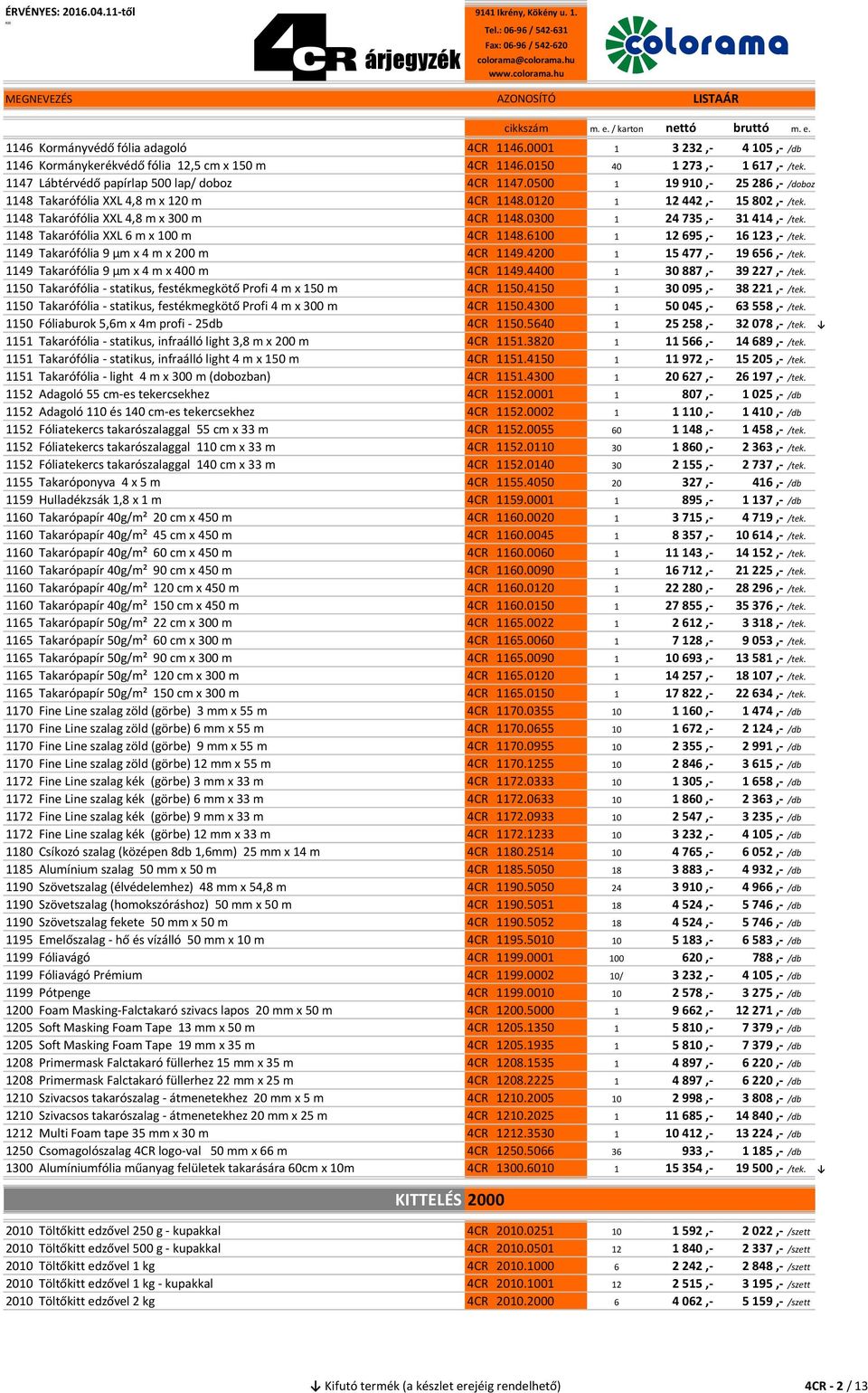 1148 Takarófólia XXL 6 m x 100 m 4CR 1148.6100 1 12 695,- 16 123,- /tek. 1149 Takarófólia 9 µm x 4 m x 200 m 4CR 1149.4200 1 15 477,- 19 656,- /tek. 1149 Takarófólia 9 µm x 4 m x 400 m 4CR 1149.