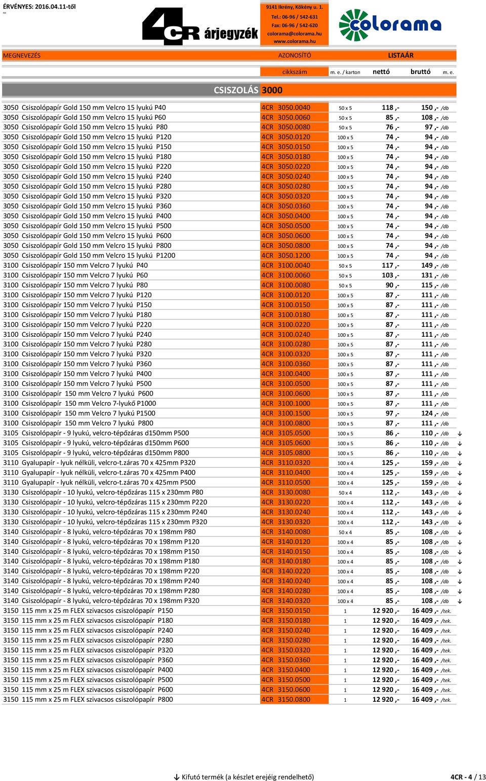 0120 100 x 5 74,- 94,- /db 3050 Csiszolópapír Gold 150 mm Velcro 15 lyukú P150 4CR 3050.0150 100 x 5 74,- 94,- /db 3050 Csiszolópapír Gold 150 mm Velcro 15 lyukú P180 4CR 3050.