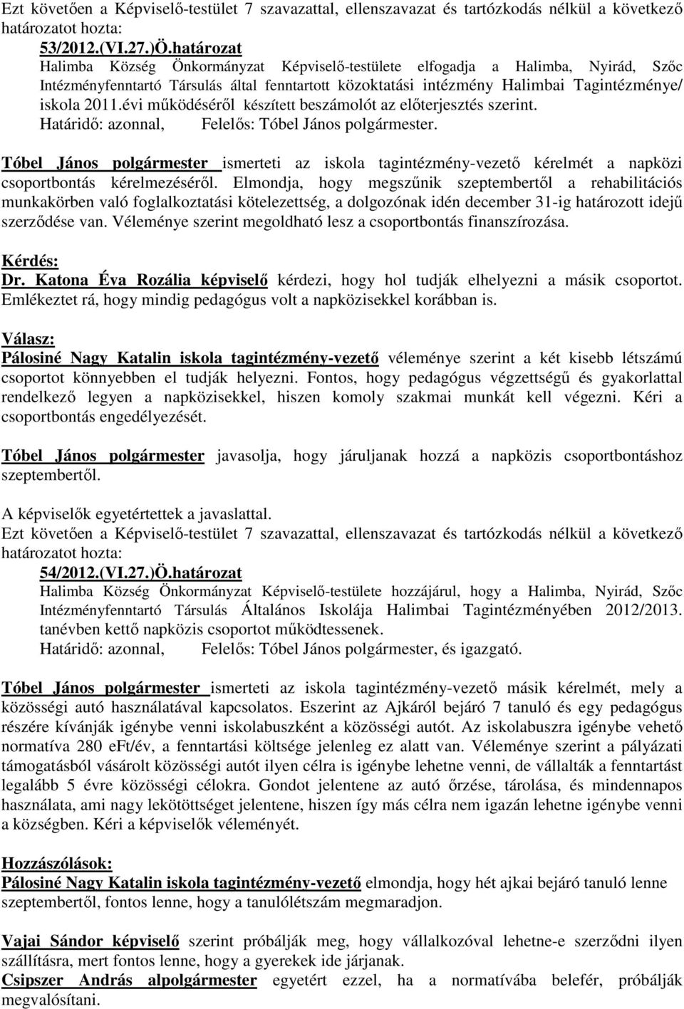 évi mőködésérıl készített beszámolót az elıterjesztés szerint. Határidı: azonnal, Felelıs: Tóbel János polgármester.