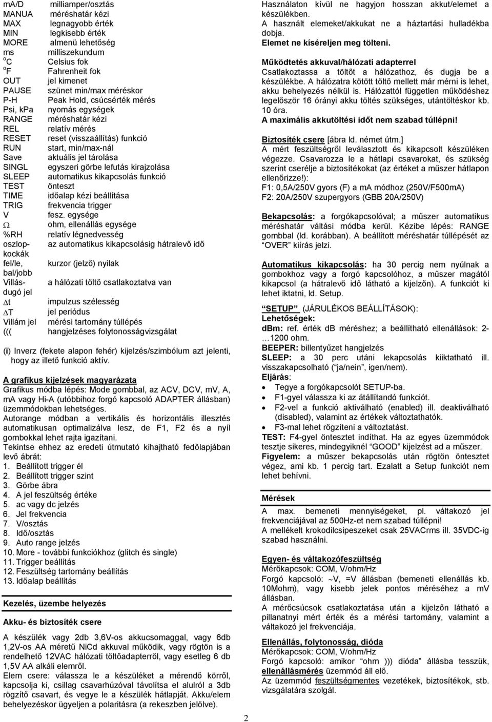 egyszeri görbe lefutás kirajzolása SLEEP automatikus kikapcsolás funkció TEST önteszt TIME időalap kézi beállítása TRIG frekvencia trigger V fesz.