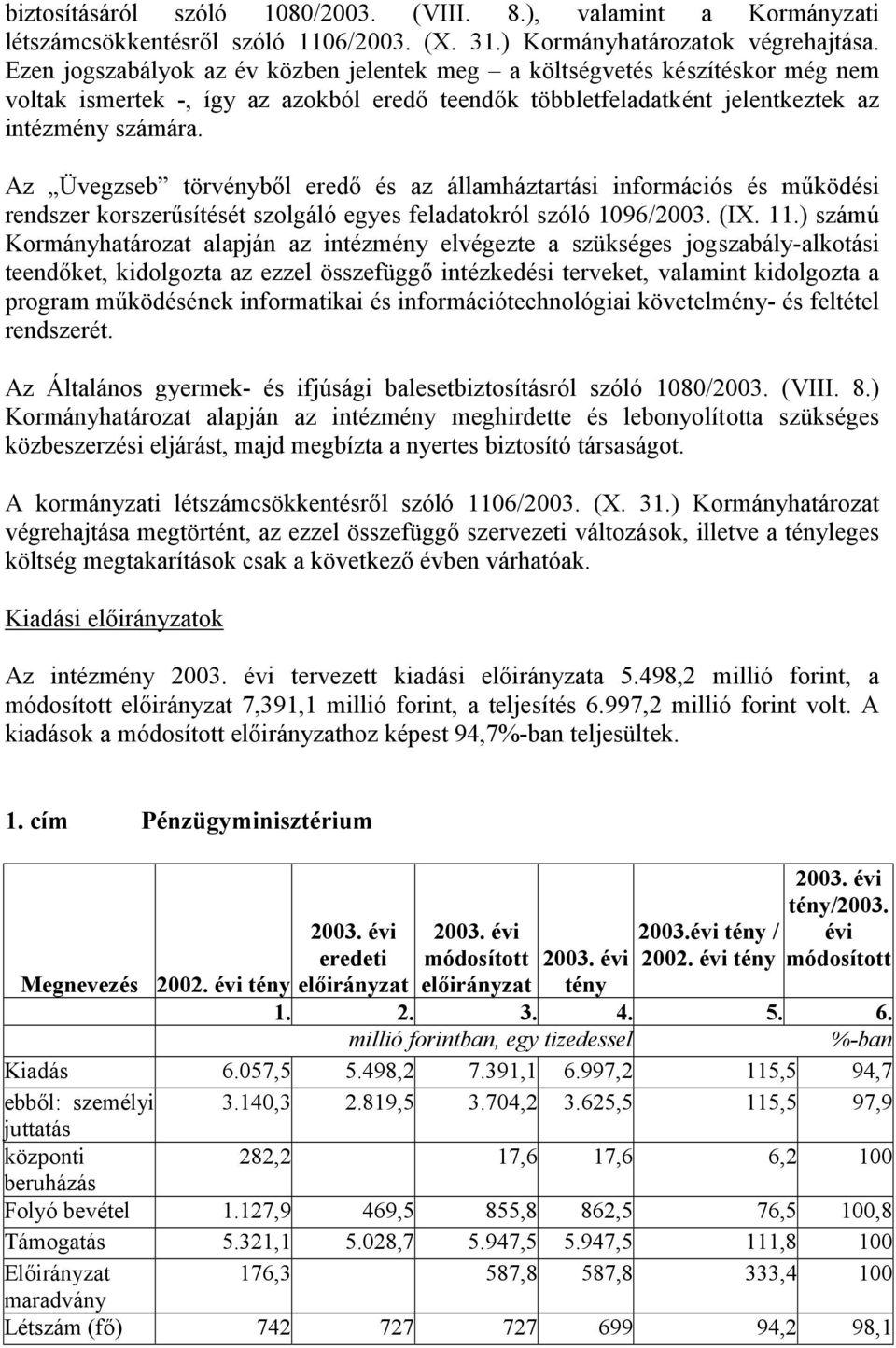 Az Üvegzseb törvényből eredő és az államháztartási információs és működési rendszer korszerűsítését szolgáló egyes feladatokról szóló 1096/2003. (IX. 11.