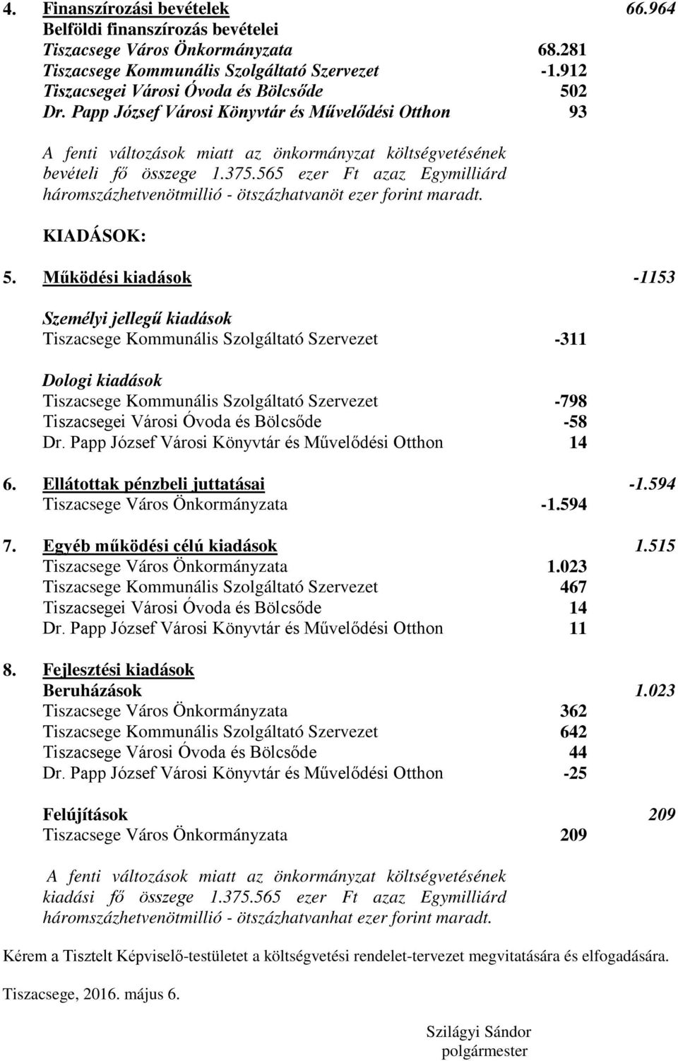 565 ezer Ft azaz Egymilliárd háromszázhetvenötmillió - ötszázhatvanöt ezer forint maradt. KIADÁSOK: 5.