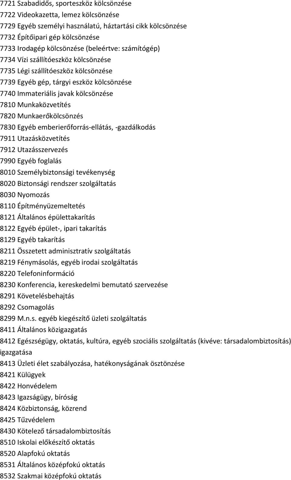 7820 Munkaerőkölcsönzés 7830 Egyéb emberierőforrás-ellátás, -gazdálkodás 7911 Utazásközvetítés 7912 Utazásszervezés 7990 Egyéb foglalás 8010 Személybiztonsági tevékenység 8020 Biztonsági rendszer