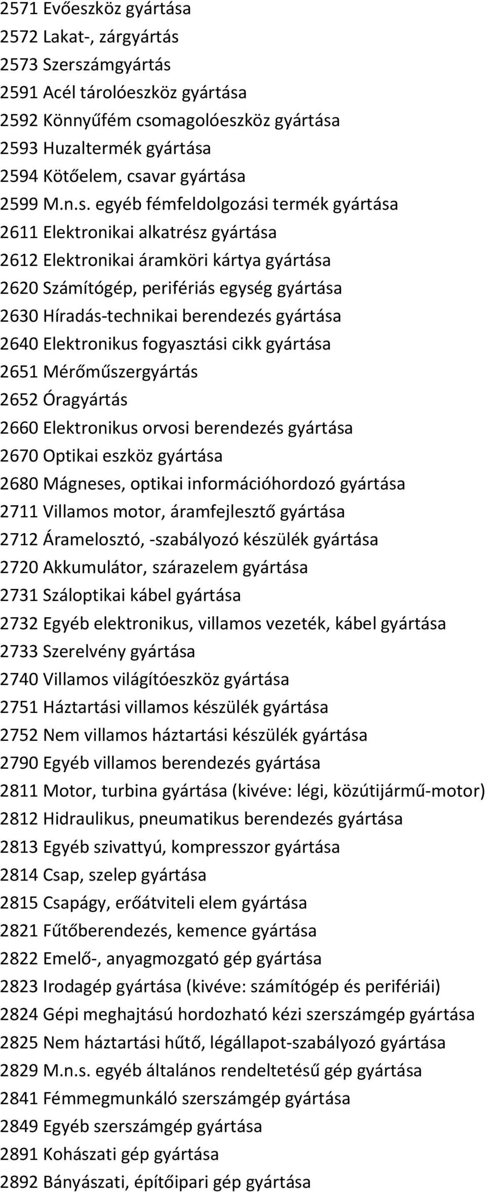 egyéb fémfeldolgozási termék gyártása 2611 Elektronikai alkatrész gyártása 2612 Elektronikai áramköri kártya gyártása 2620 Számítógép, perifériás egység gyártása 2630 Híradás-technikai berendezés