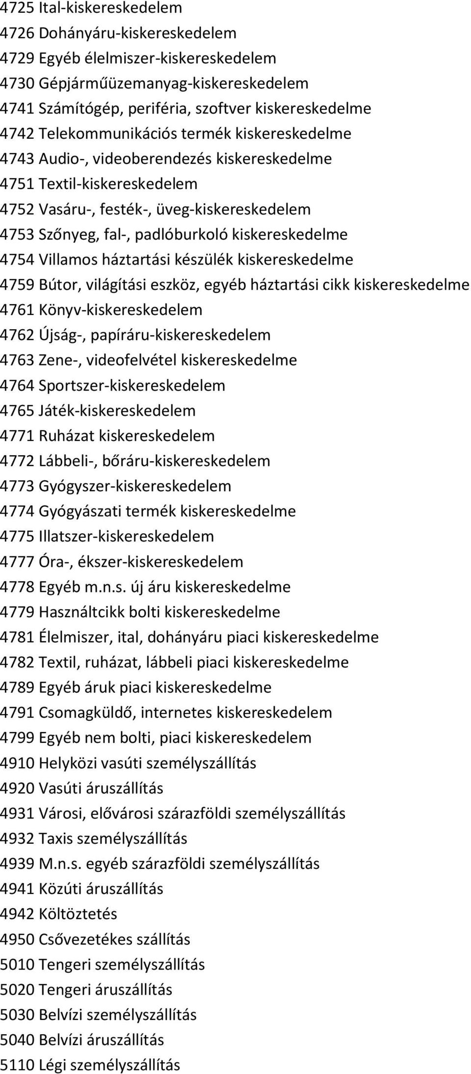 kiskereskedelme 4754 Villamos háztartási készülék kiskereskedelme 4759 Bútor, világítási eszköz, egyéb háztartási cikk kiskereskedelme 4761 Könyv-kiskereskedelem 4762 Újság-, papíráru-kiskereskedelem