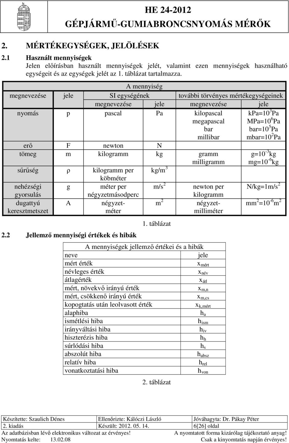 kg gramm milligramm sűrűség ρ kilogramm per kg/m 3 köbméter nehézségi g méter per m/s 2 newton per gyorsulás dugattyú keresztmetszet A négyzetmásodperc négyzetméter 2.