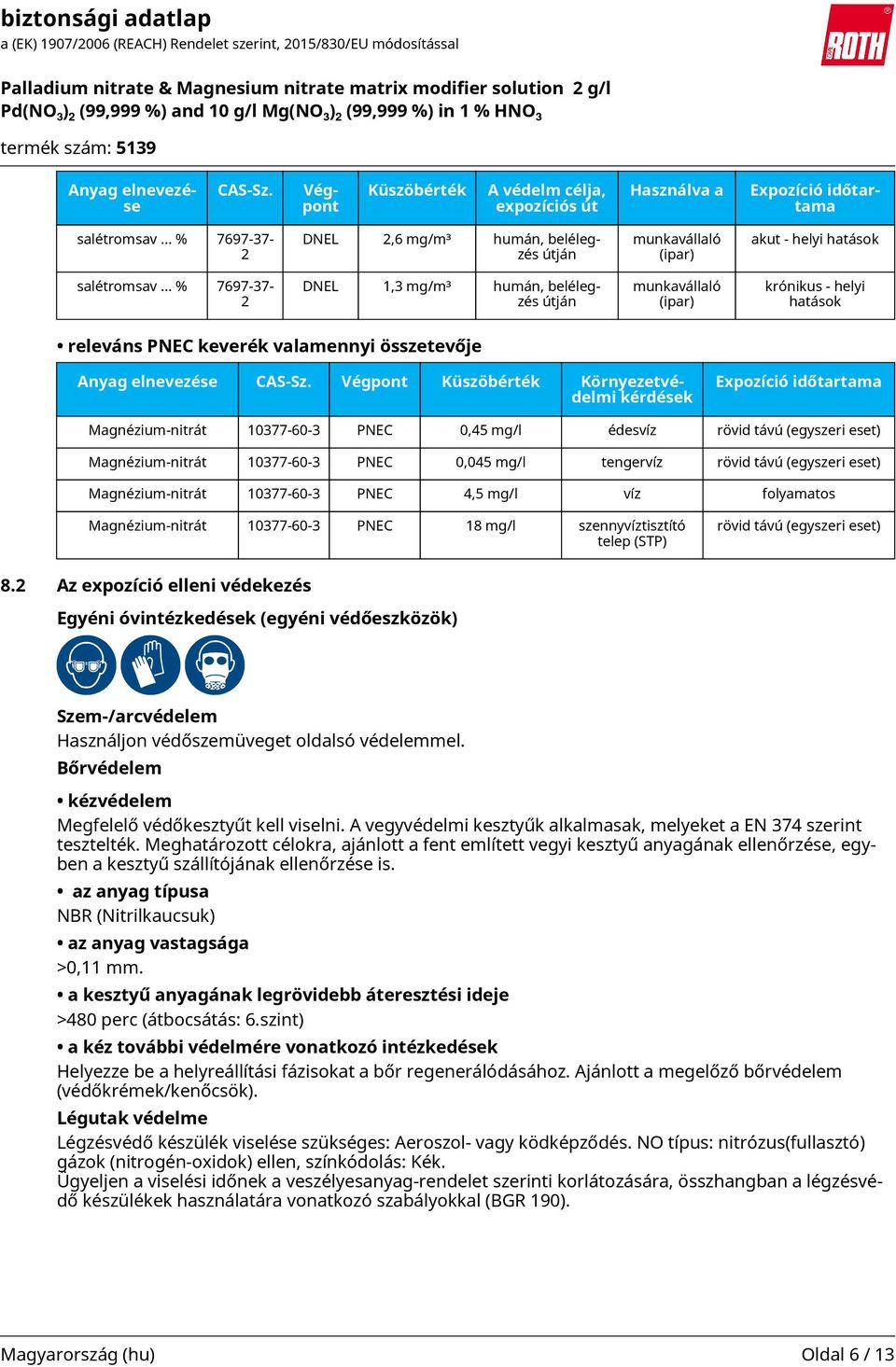 .. % 7697-37- 2 DNEL 1,3 mg/m³ humán, belélegzés útján munkavállaló (ipar) krónikus - helyi hatások releváns PNEC keverék valamennyi összetevője Anyag elnevezése CAS-Sz.