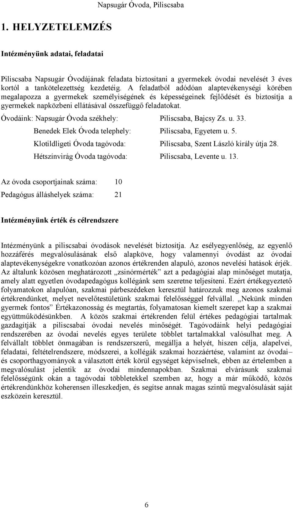 Óvodáink: Napsugár Óvoda székhely: Piliscsaba, Bajcsy Zs. u. 33. Benedek Elek Óvoda telephely: Piliscsaba, Egyetem u. 5. Klotildligeti Óvoda tagóvoda: Piliscsaba, Szent László király útja 28.