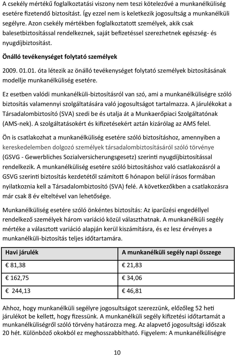 Önálló tevékenységet folytató személyek 2009. 01.01. óta létezik az önálló tevékenységet folytató személyek biztosításának modellje munkanélküliség esetére.