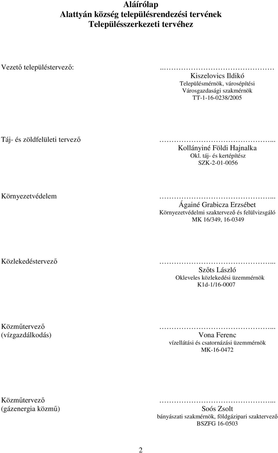 táj- és kertépítész SZK-2-01-0056 Környezetvédelem... Ágainé Grabicza Erzsébet Környezetvédelmi szaktervező és felülvizsgáló MK 16/349, 16-0349 Közlekedéstervező.