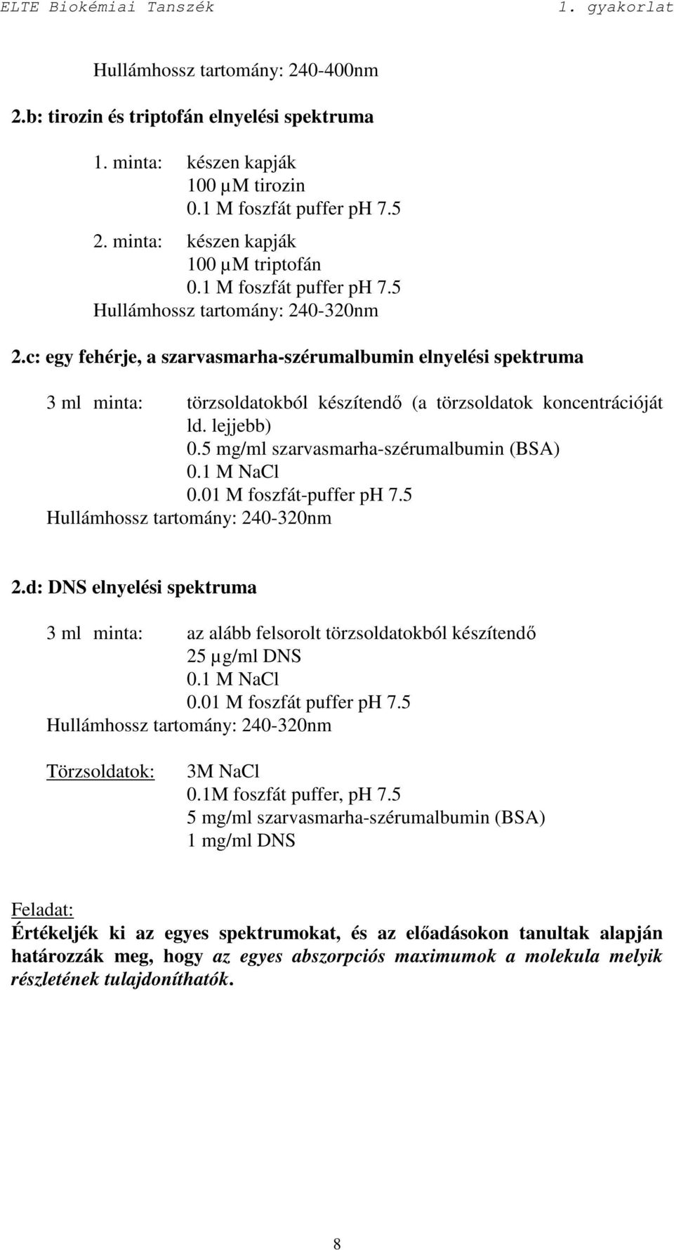 c: egy fehérje, a szarvasmarha-szérumalbumin elnyelési spektruma 3 ml minta: törzsoldatokból készítendı (a törzsoldatok koncentrációját ld. lejjebb) 0.5 mg/ml szarvasmarha-szérumalbumin (BSA) 0.