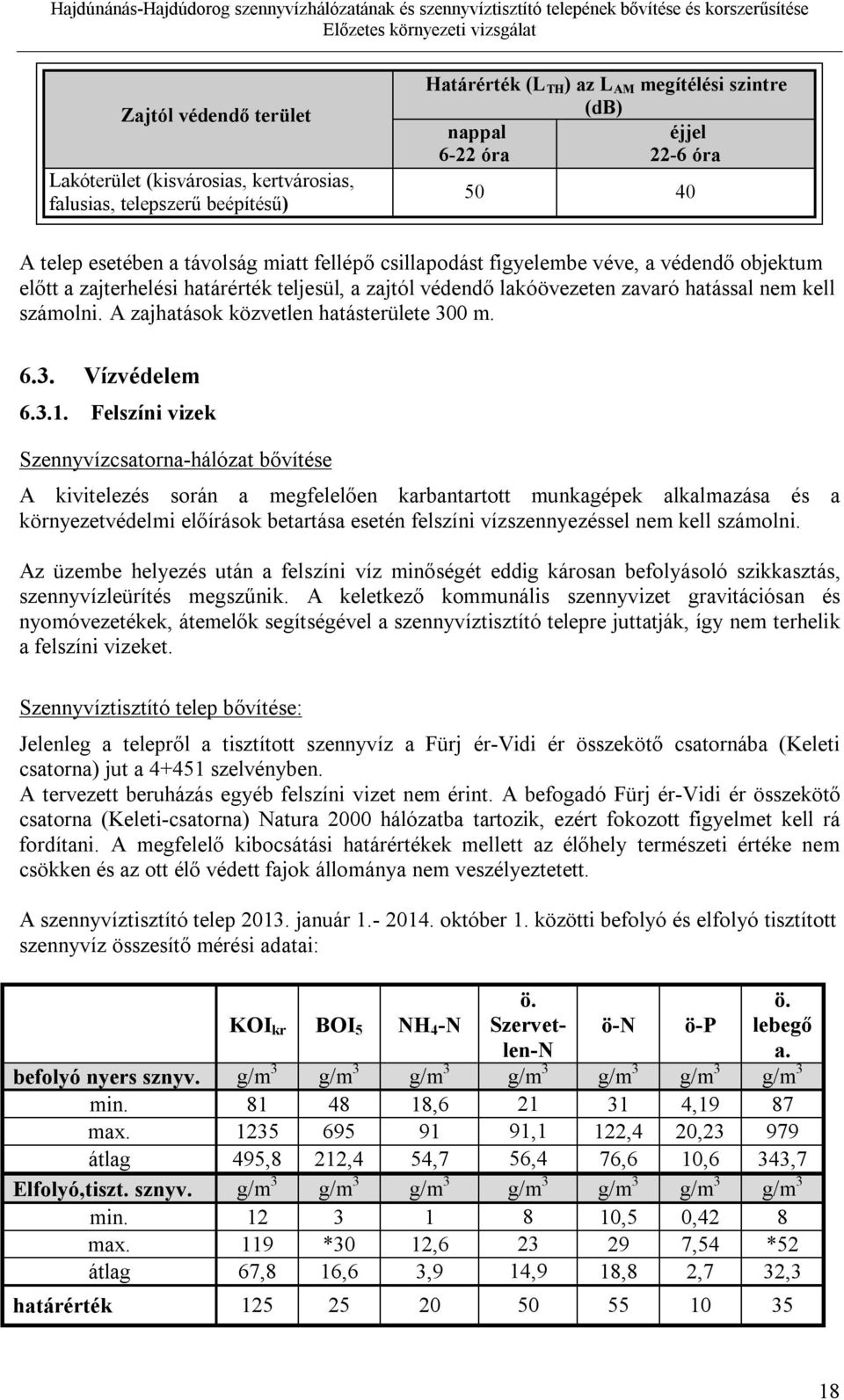 A zajhatások közvetlen hatásterülete 300 m. 6.3. Vízvédelem 6.3.1.