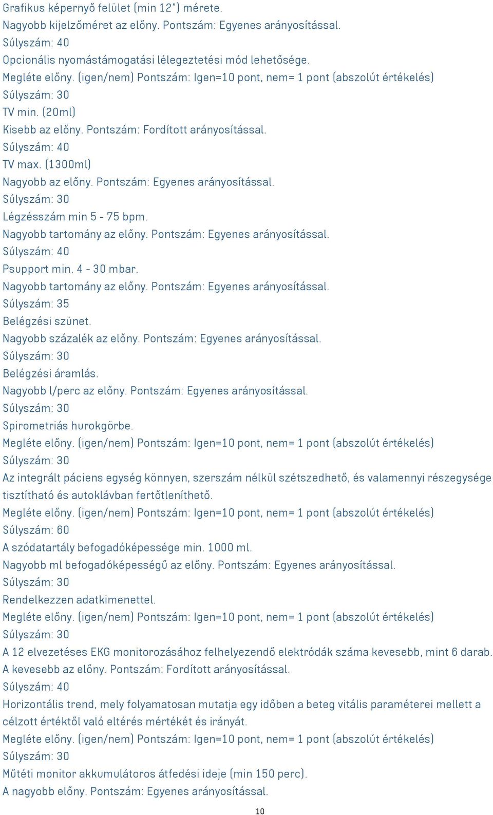 Pontszám: Egyenes arányosítással. Súlyszám: 40 Psupport min. 4-30 mbar. Nagyobb tartomány az előny. Pontszám: Egyenes arányosítással. Súlyszám: 35 Belégzési szünet. Nagyobb százalék az előny.