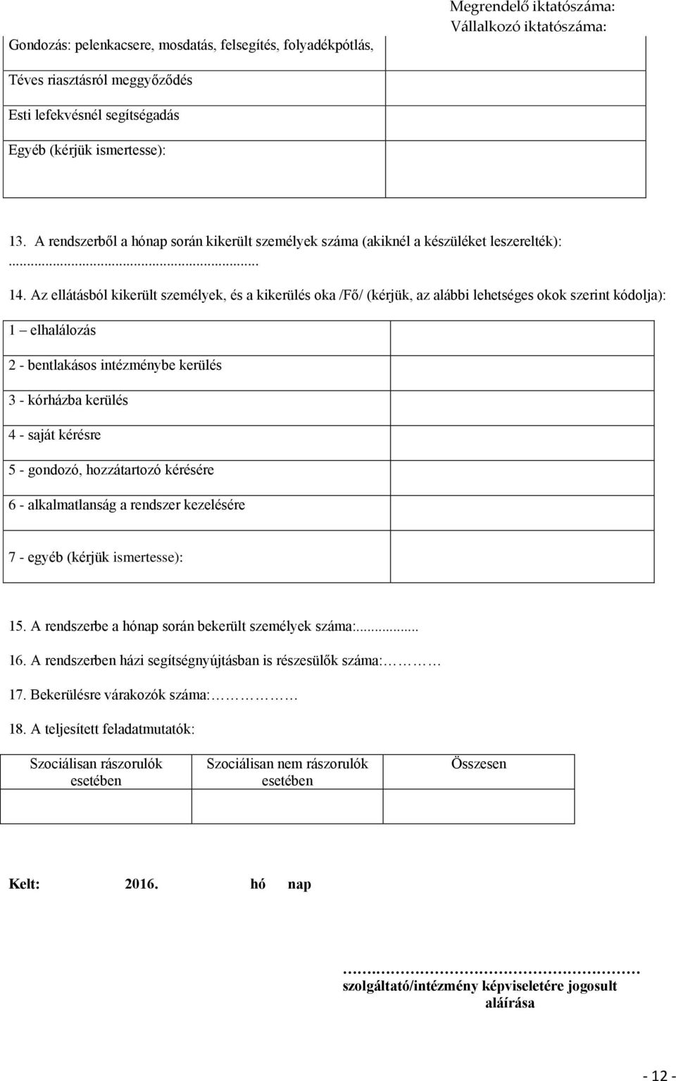 Az ellátásból kikerült személyek, és a kikerülés oka /Fő/ (kérjük, az alábbi lehetséges okok szerint kódolja): 1 elhalálozás 2 - bentlakásos intézménybe kerülés 3 - kórházba kerülés 4 - saját kérésre