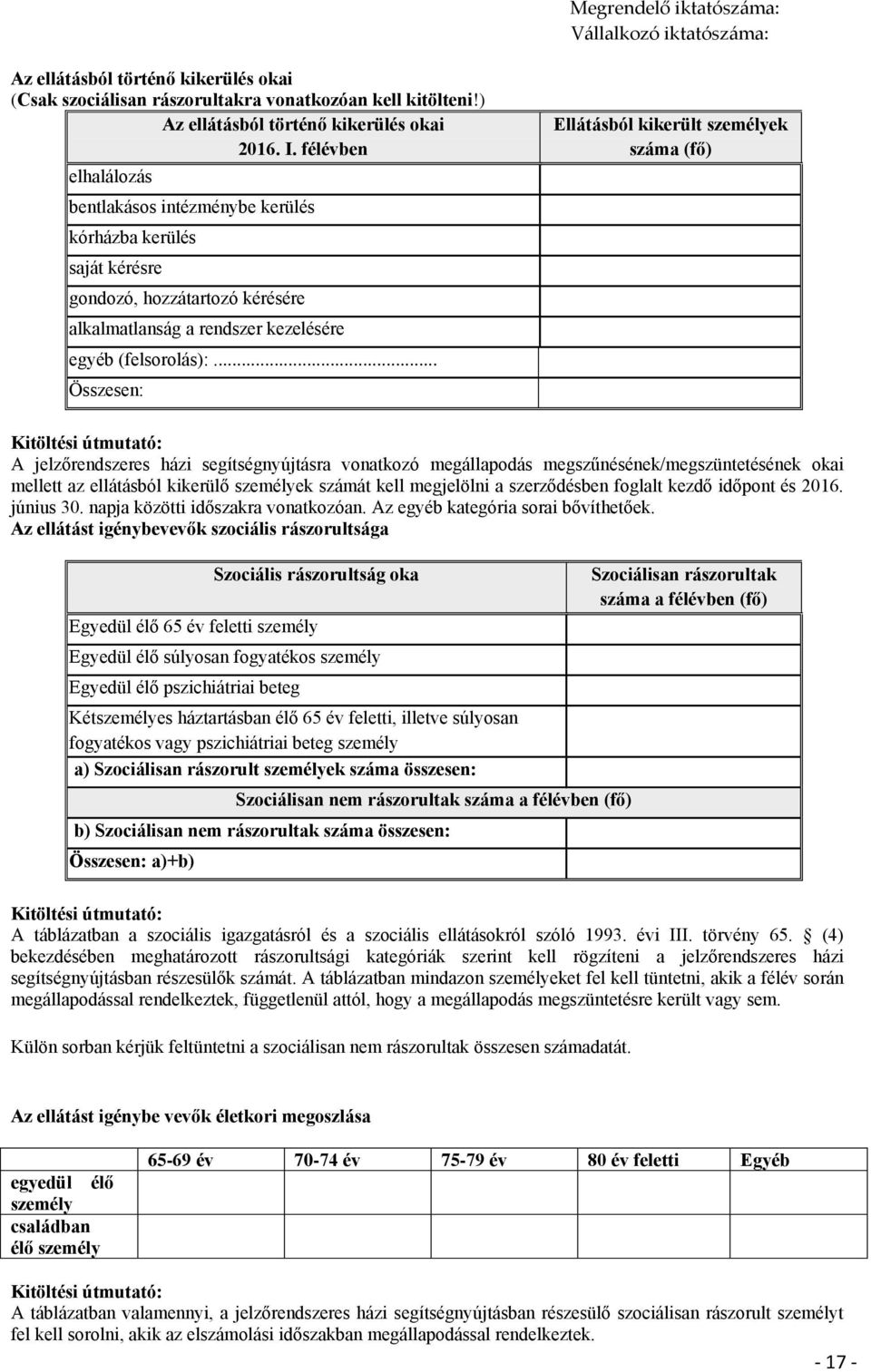 .. Összesen: Ellátásból kikerült személyek száma (fő) Kitöltési útmutató: A jelzőrendszeres házi segítségnyújtásra vonatkozó megállapodás megszűnésének/megszüntetésének okai mellett az ellátásból