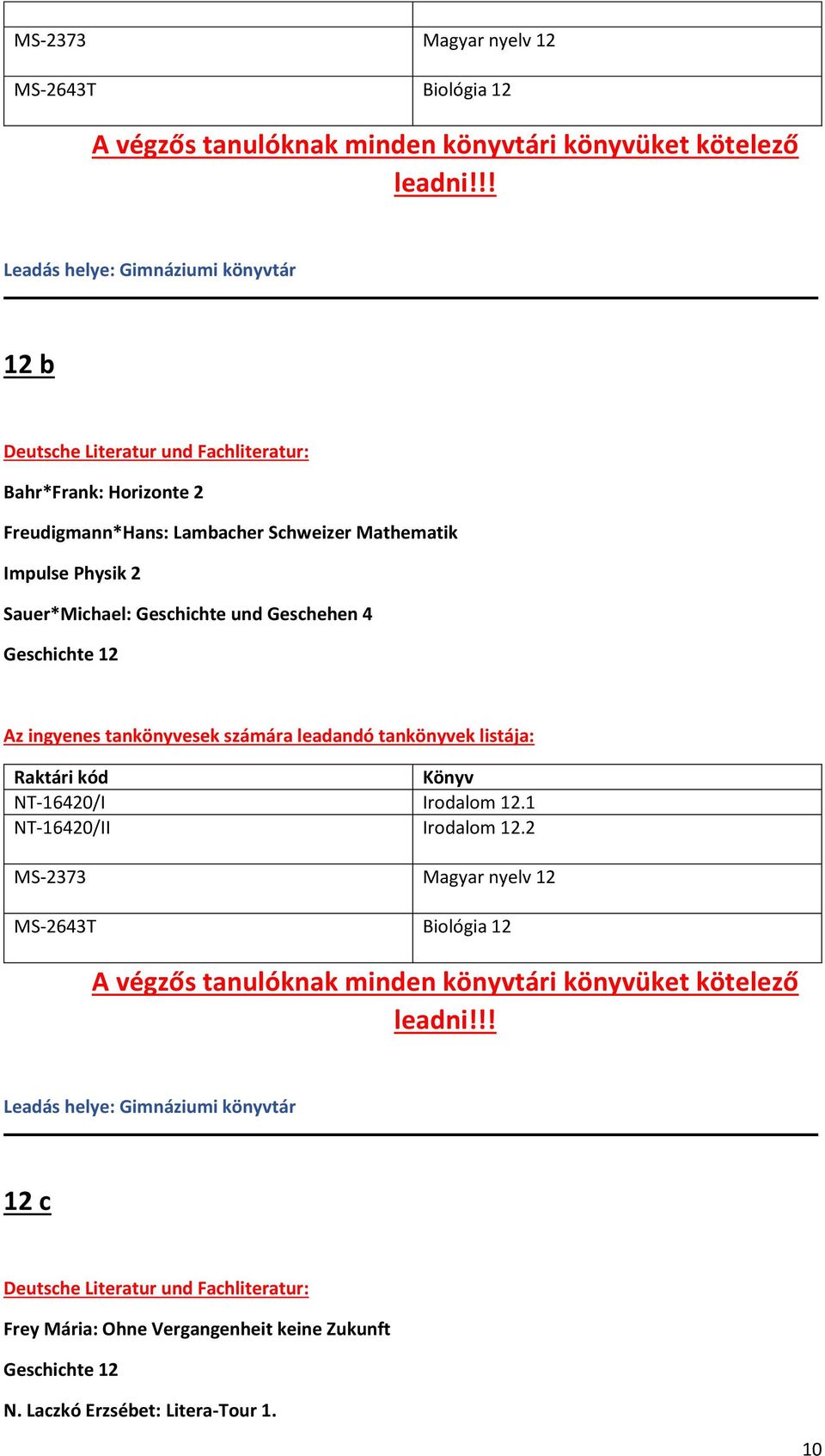 Geschehen 4 Geschichte 12 NT-16420/I Irodalom 12.1 NT-16420/II Irodalom 12.2 !! 12 c Frey Mária: Ohne Vergangenheit keine Zukunft Geschichte 12 N.