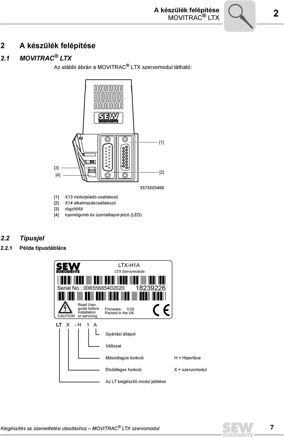 nyomógomb és üzemállapot-jelző (LED) 3575503499 2.2 Típusjel 2.2.1 Példa típustáblára LTX-H1A LTX Servomodule Serial No.