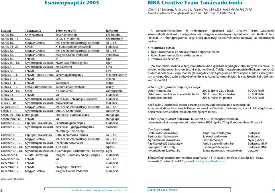 Magyar Grafika MG Szerkesztôbizottsági értekezlet Fô u. 68. Április 24 27. MKKE X. Budapesti Könyvfesztivál Budapest Május 12. Magyar Grafika MG Szerkesztôbizottsági értekezlet Fô u. 68. Május 13.