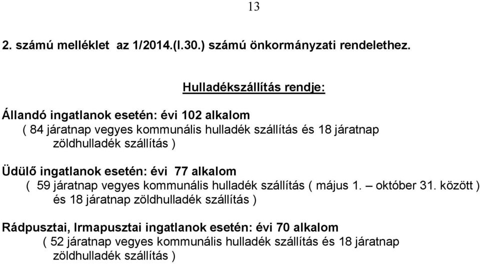 zöldhulladék szállítás ) Üdülő ingatlanok esetén: évi 77 alkalom ( 59 járatnap vegyes kommunális hulladék szállítás ( május 1.