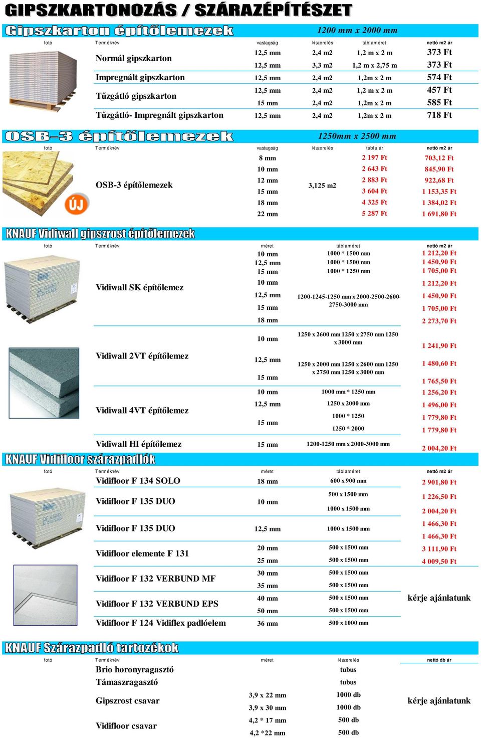 építılemezek 1200 mm x 2000 mm 1250mm x 2500 mm 8 mm 2 197 Ft 703,12 Ft 10 mm 2 643 Ft 845,90 Ft 12 mm 2 883 Ft 922,68 Ft 3,125 m2 3 604 Ft 1 153,35 Ft 18 mm 4 325 Ft 1 384,02 Ft 22 mm 5 287 Ft 1