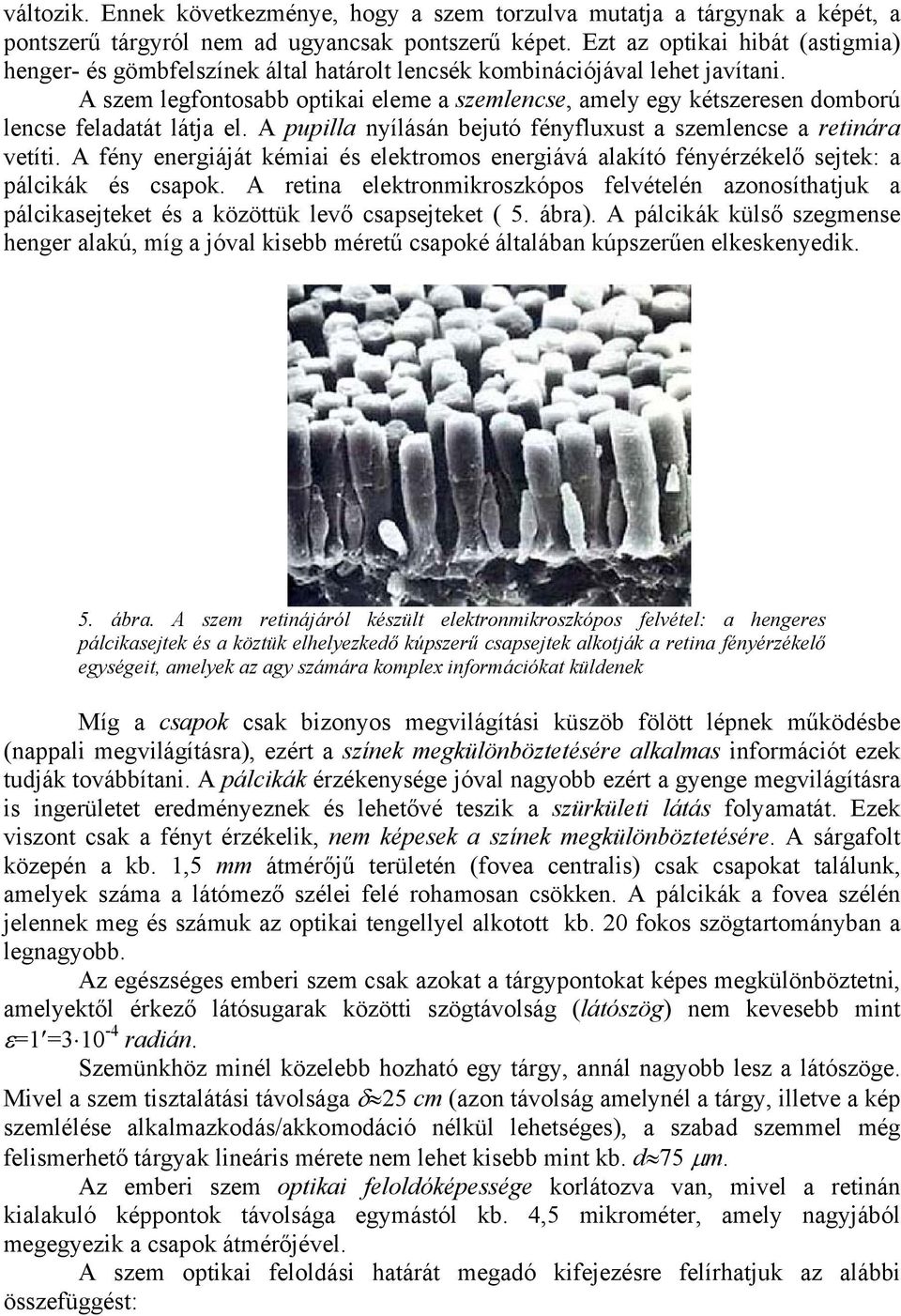 A szem legfontosabb optikai eleme a szemlencse, amely egy kétszeresen domború lencse feladatát látja el. A pupilla nyílásán bejutó fényfluxust a szemlencse a retinára vetíti.